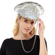 Fabric iridescent sequins gemstones feathers headgear hat captain bejeweled chains hanging accessories halloween rave wear ravewear cyber silver