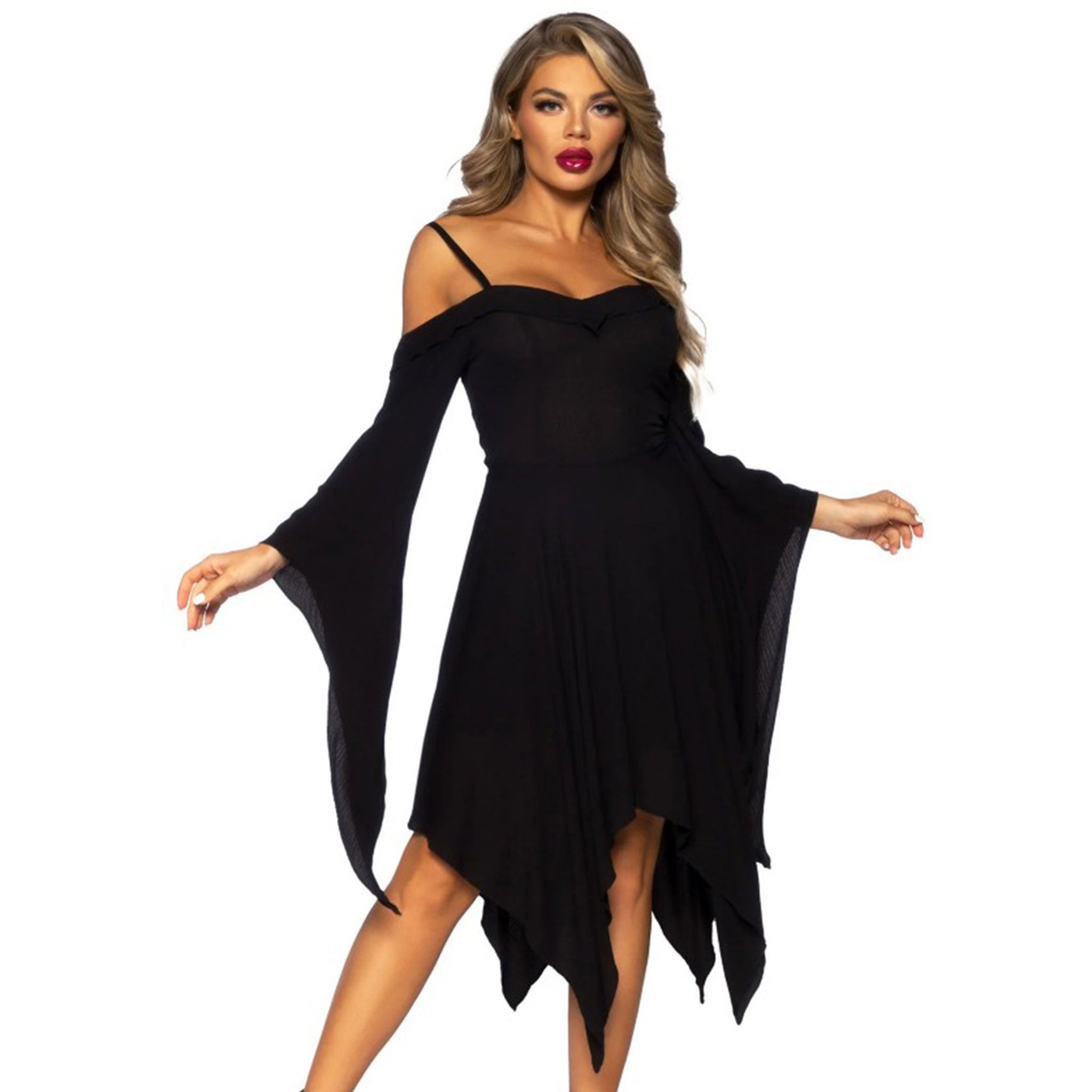 Rayon cotton semi-transparent apparel dress peasant-dress longsleeve long-sleeve sleeves sleeved bell-sleeve off-shoulder asymmetrical-hem scarf-skirt adjustable-straps shoulder-straps sweetheart-neckline neckline neck-line sweet-heart side-sip zipper hidden-zip spooky flattering versatile breezy magical magic iconic diy flowy boho bohemian gauzy costume cosplay halloween enchantress witch angel goddess Renaissance renfaire ren-faire female femme feminine womens black