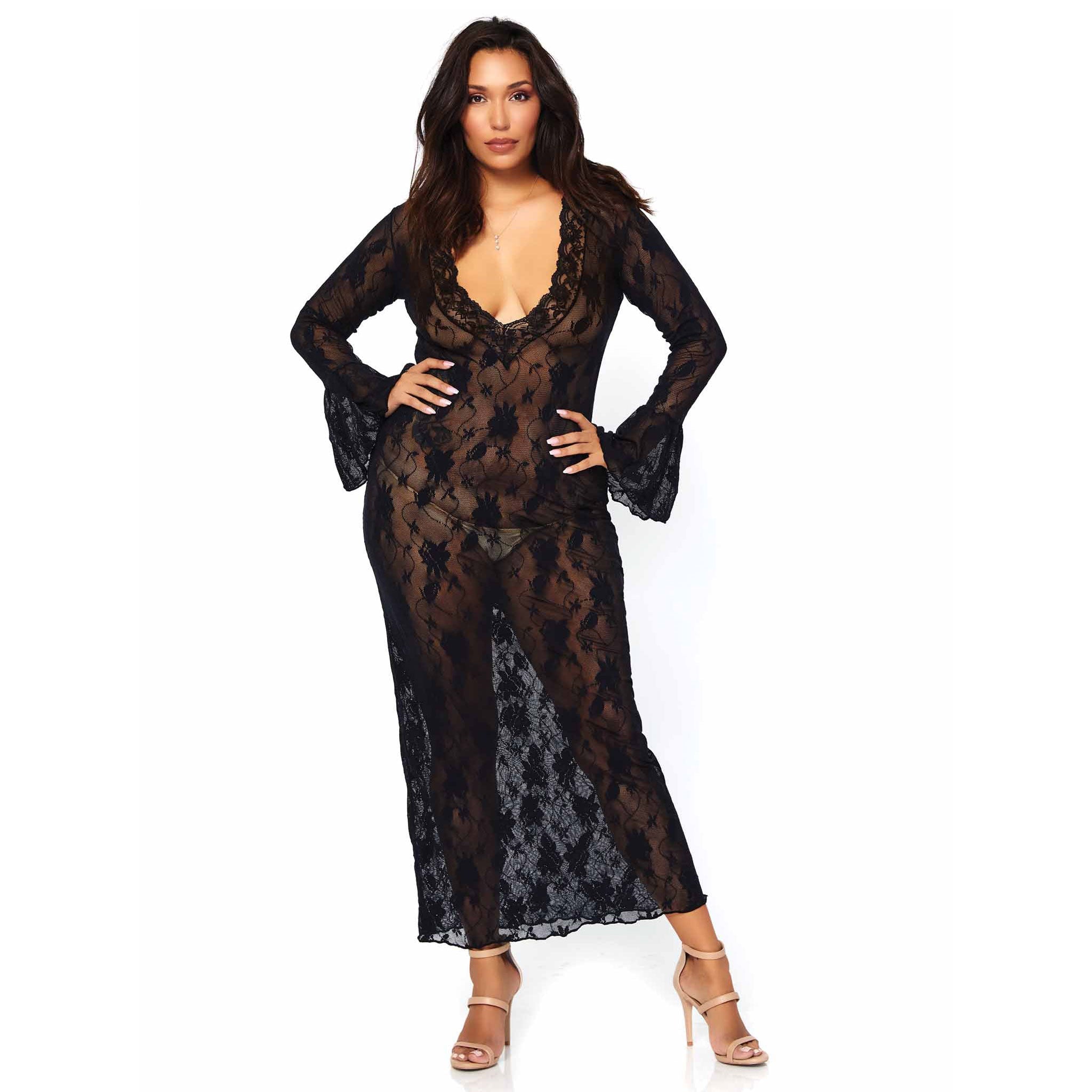 Nylon lingerie dress long sleeve sleeves sleeved bell maxi dress lace lacy deep-V unlined see through see-through see-thru thru seethru sultry soft flared cuff romantic queen plus size sized female femme feminine women black