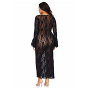 Nylon lingerie dress long sleeve sleeves sleeved bell maxi dress lace lacy deep-V unlined see through see-through see-thru thru seethru sultry soft flared cuff romantic queen plus size sized female femme feminine women black