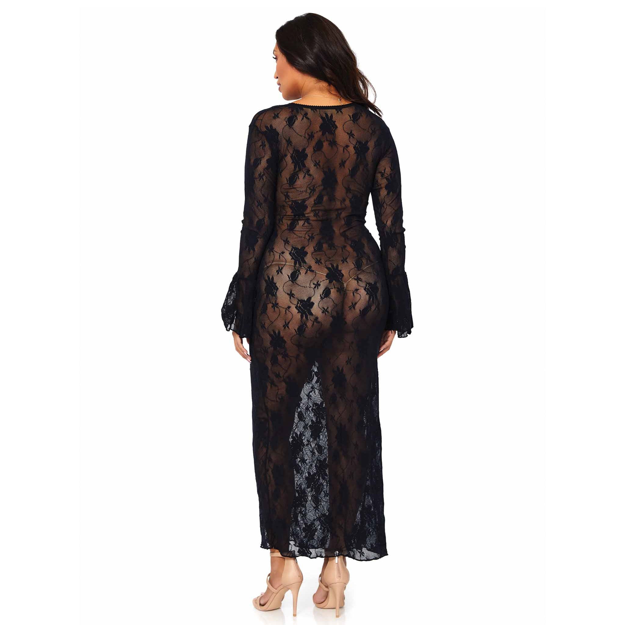 Nylon lingerie dress long sleeve sleeves sleeved bell maxi dress lace lacy deep-V unlined see through see-through see-thru thru seethru sultry soft flared cuff romantic queen plus size sized female femme feminine women black