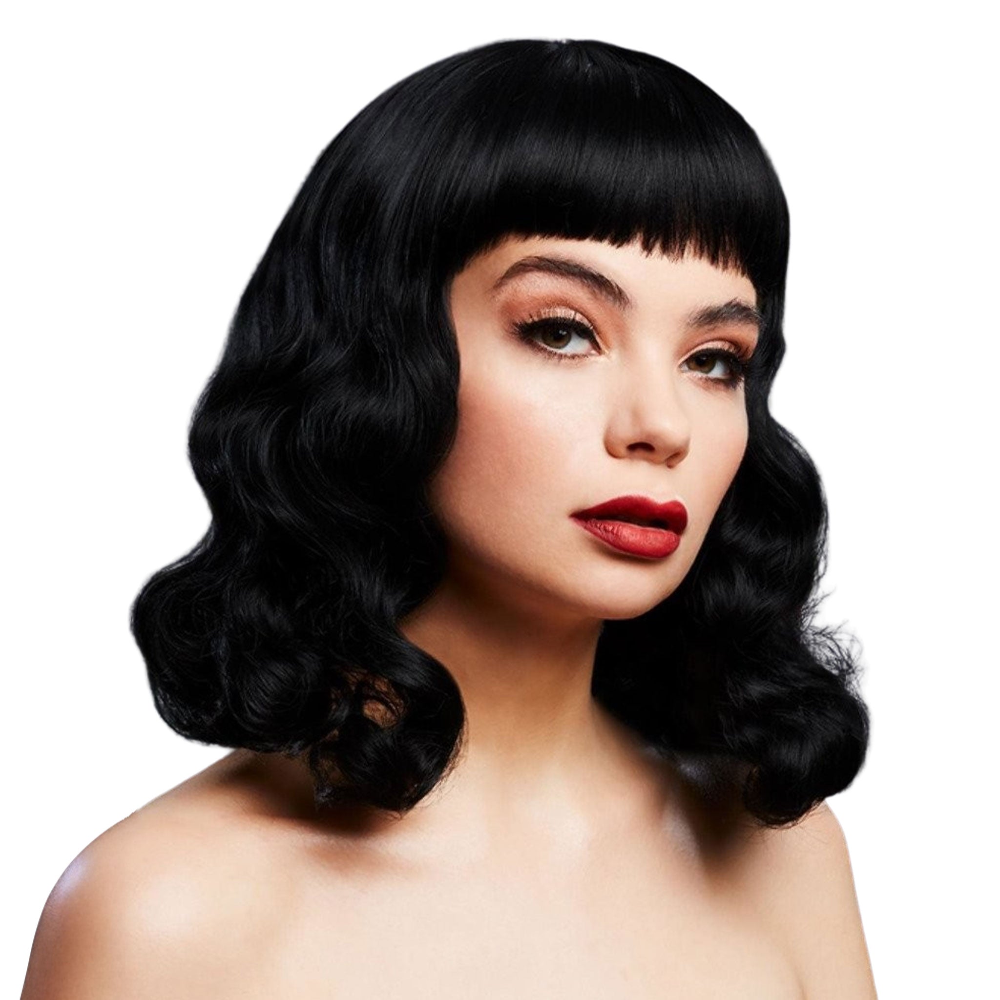 Polypropylene synthetic-hair heat-resistant accessories headgear head-gear wig short-wig shoulder-length wavy short-bangs center-part crisp-bangs dress-up fetish fashion alt-fashion ravewear festivalwear costume cosplay halloween roleplay role-play valentines be-mine bettie unisex black