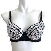 Polyester premium-knit gems gemstones diamonds apparel intimates top bra bralette underwire full-cup sponge cleavage adjustable shoulder-straps back-closure hook-and-eye swanhook swan-hook elegant bold seductive versatile eye-catching fashion alt-fashion costume cosplay halloween dancewear clubwear festivalwear ravewear raver-babe belly-dancer pole-dancer female femme feminine women black clear