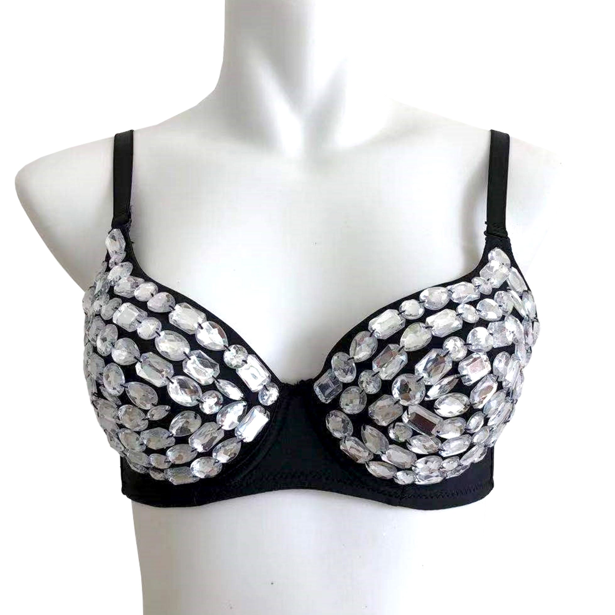 Polyester premium-knit gems gemstones diamonds apparel intimates top bra bralette underwire full-cup sponge cleavage adjustable shoulder-straps back-closure hook-and-eye swanhook swan-hook elegant bold seductive versatile eye-catching fashion alt-fashion costume cosplay halloween dancewear clubwear festivalwear ravewear raver-babe belly-dancer pole-dancer female femme feminine women black clear