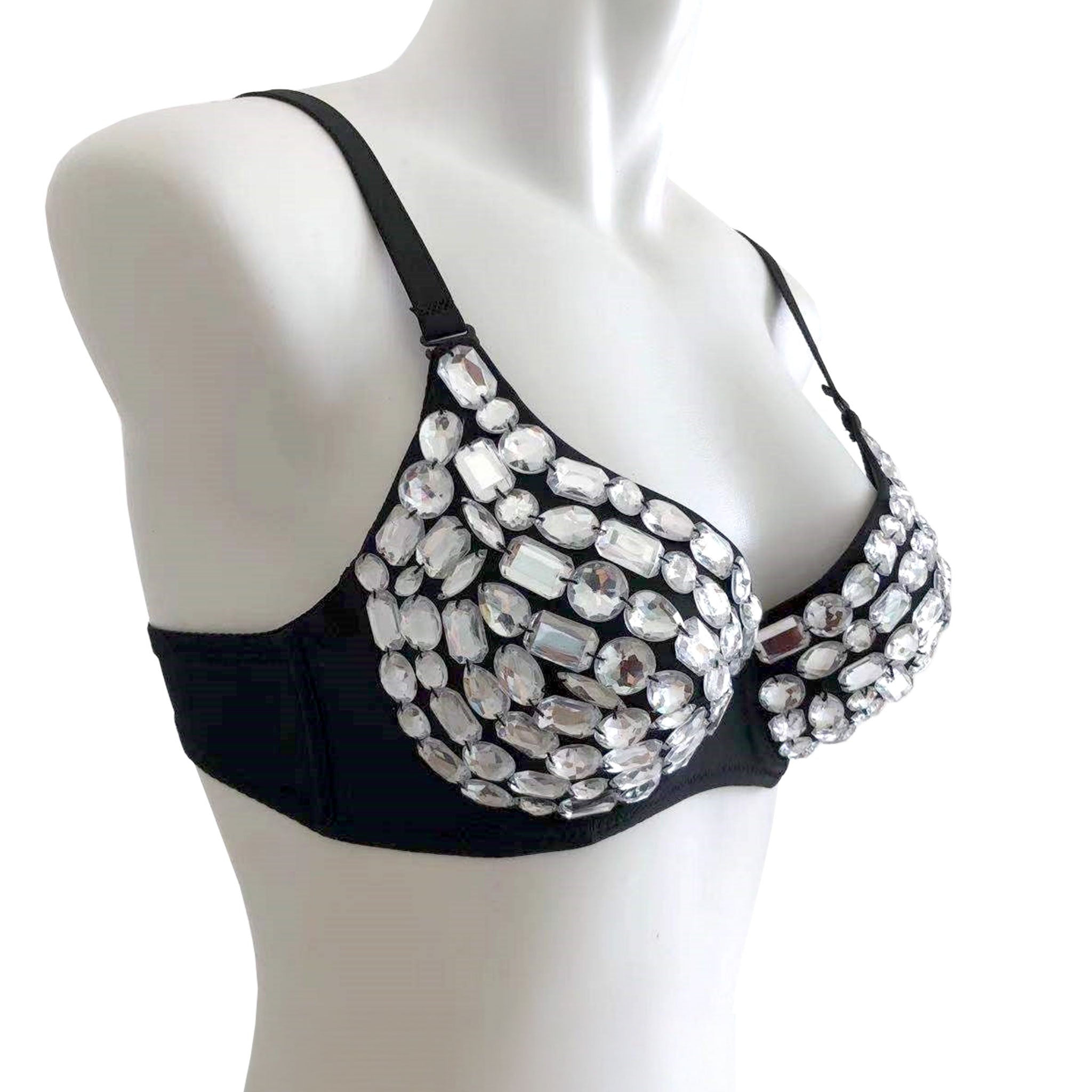 Polyester premium-knit gems gemstones diamonds apparel intimates top bra bralette underwire full-cup sponge cleavage adjustable shoulder-straps back-closure hook-and-eye swanhook swan-hook elegant bold seductive versatile eye-catching fashion alt-fashion costume cosplay halloween dancewear clubwear festivalwear ravewear raver-babe belly-dancer pole-dancer female femme feminine women black clear