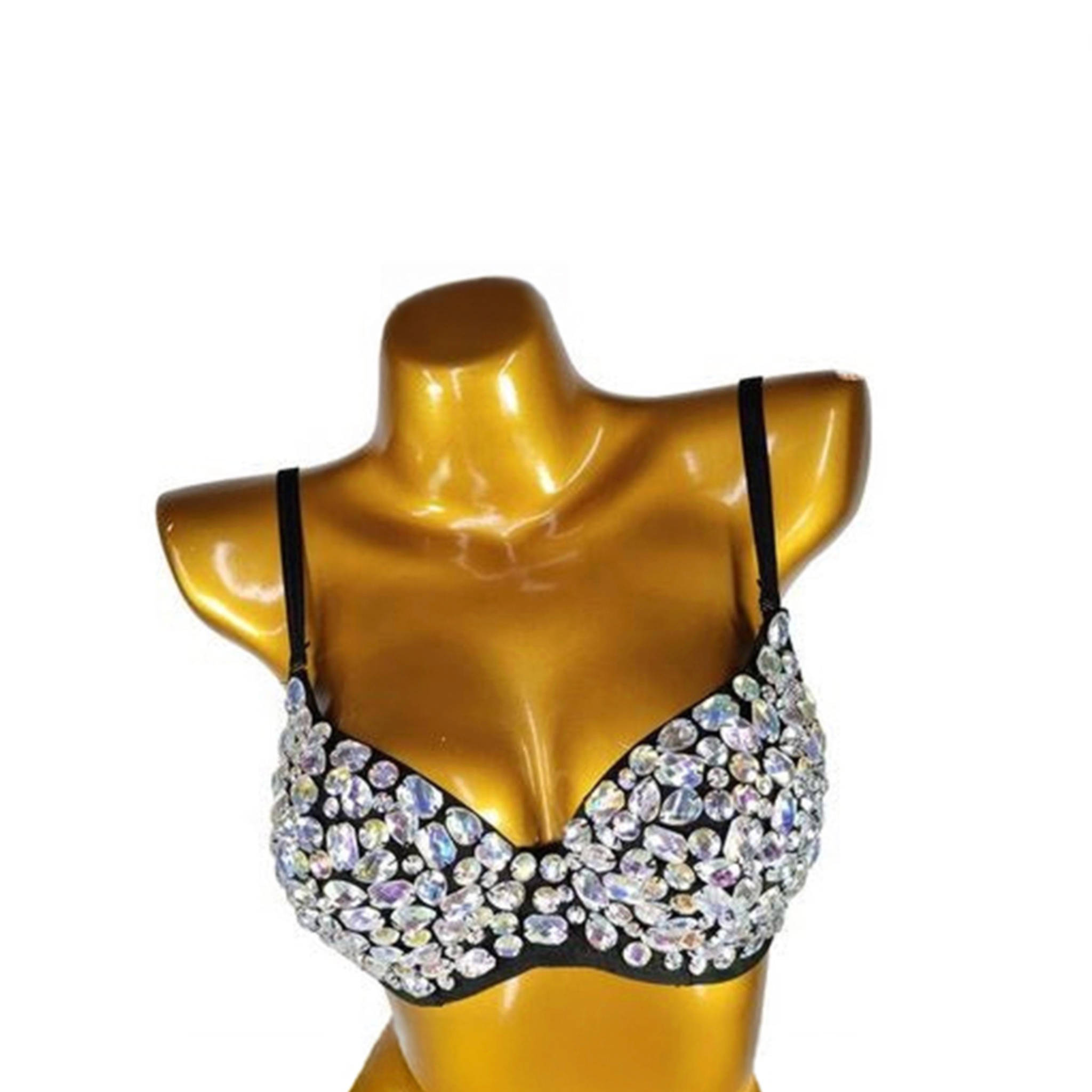 Spandex elastane polyester stretch-fabric micro-elastic rhinestones apparel intimates top bra bralette adjustable straps swanhook hook-and-eye back-closure sleeveless show-stopping fetish fashion alt-fashion goth gothic y2k nightclub dancewear fetishwear clubwear pride lgbtq masquerade carnival costume cosplay halloween female femme feminine womens black rainbow AB aurora-borealis
