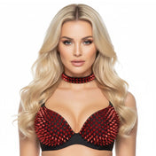 Polyester knit-fabric accessories intimate lingerie bra bralette full-coverage spike spikes spiked short-spikes wireless hook-and-eye adjustable shoulder-strap structured comfortable edgy bold commanding intimidating striking fierce attitude confidence fetish fashion alt-fashion punk rock rockstar rave raver-babe ravewear festivalwear goth fetish-goth bondage bdsm bdsm-gear kink kinky kinky-gear female femme feminine women black red