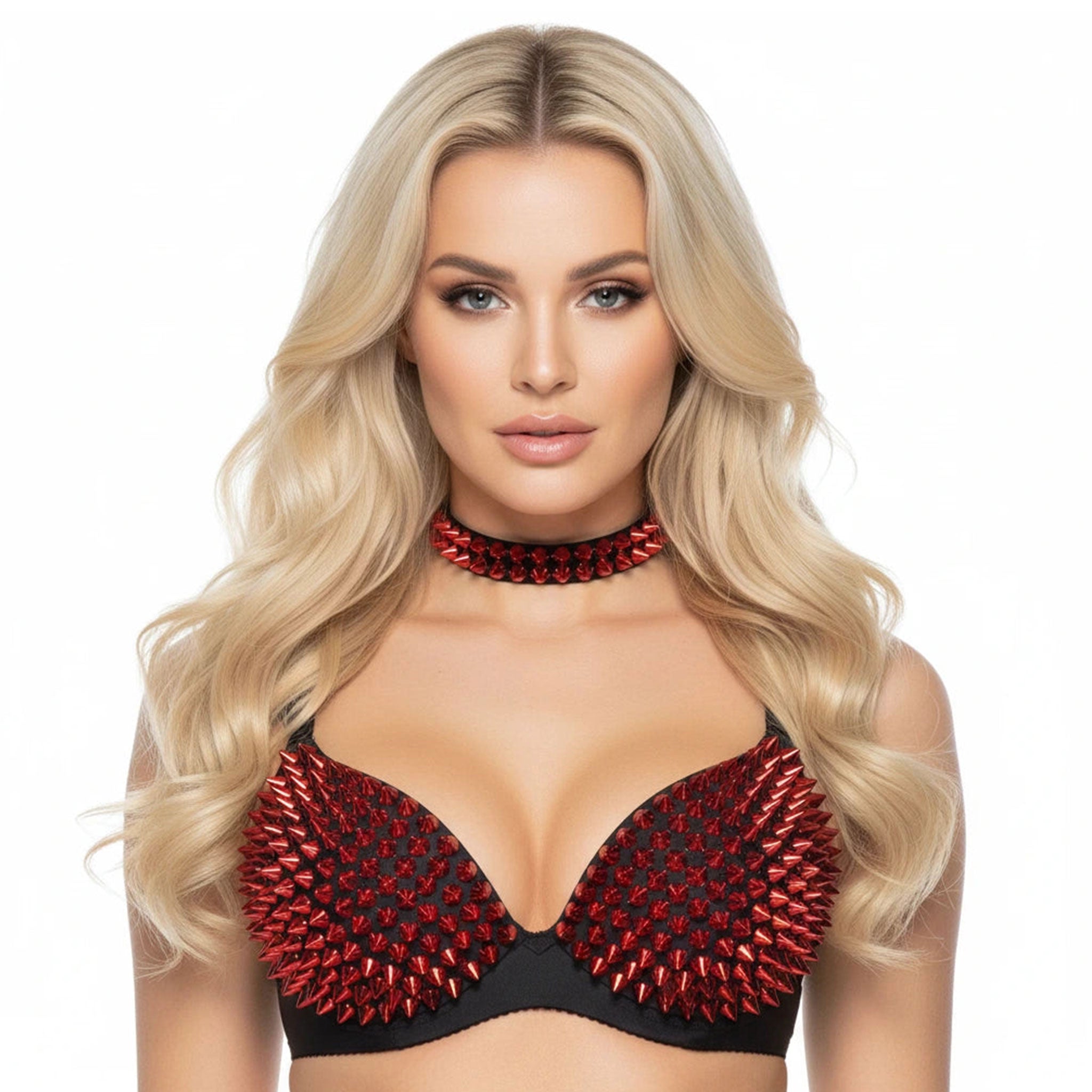 Polyester knit-fabric accessories intimate lingerie bra bralette full-coverage spike spikes spiked short-spikes wireless hook-and-eye adjustable shoulder-strap structured comfortable edgy bold commanding intimidating striking fierce attitude confidence fetish fashion alt-fashion punk rock rockstar rave raver-babe ravewear festivalwear goth fetish-goth bondage bdsm bdsm-gear kink kinky kinky-gear female femme feminine women black red