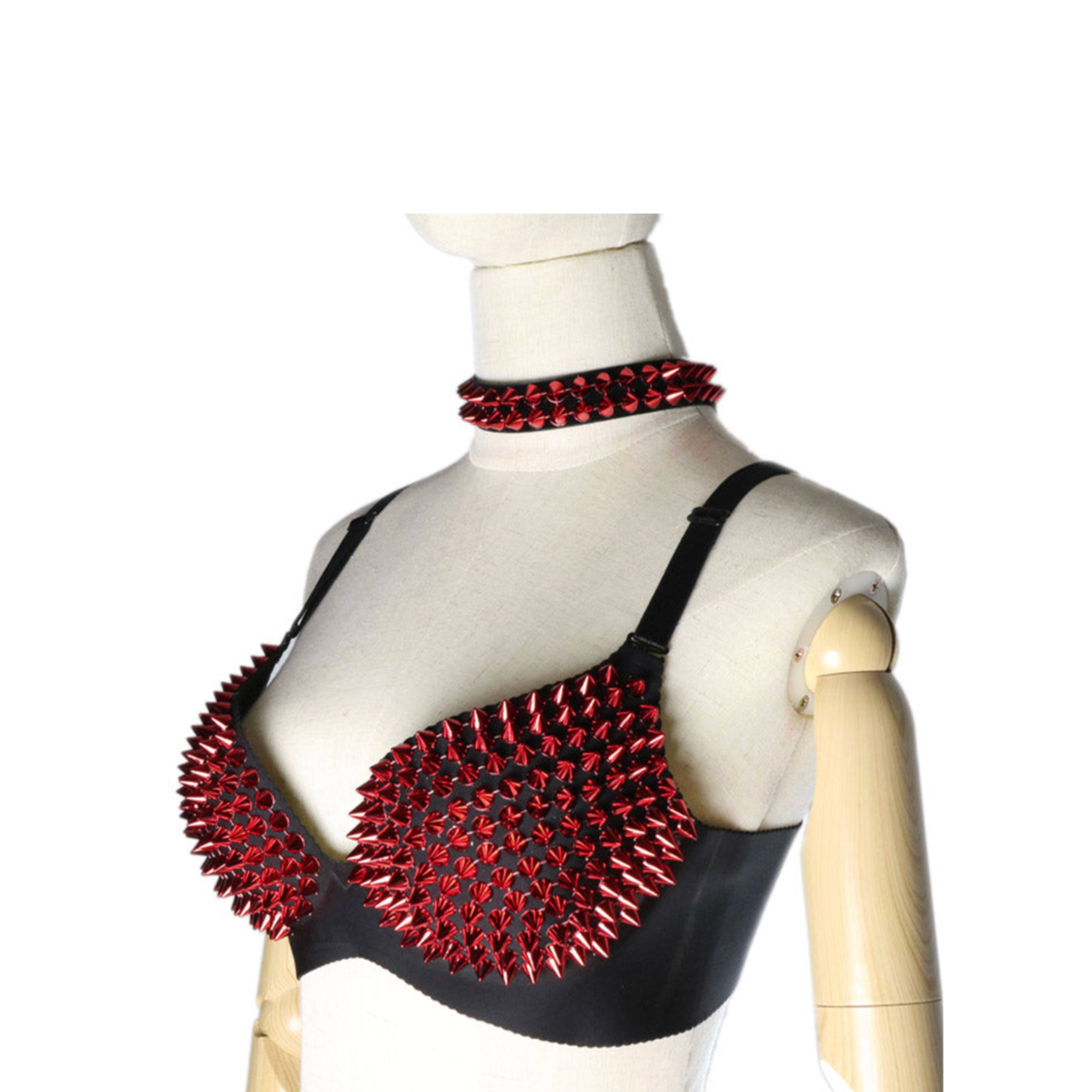 Polyester knit-fabric accessories intimate lingerie bra bralette full-coverage spike spikes spiked short-spikes wireless hook-and-eye adjustable shoulder-strap structured comfortable edgy bold commanding intimidating striking fierce attitude confidence fetish fashion alt-fashion punk rock rockstar rave raver-babe ravewear festivalwear goth fetish-goth bondage bdsm bdsm-gear kink kinky kinky-gear female femme feminine women black red
