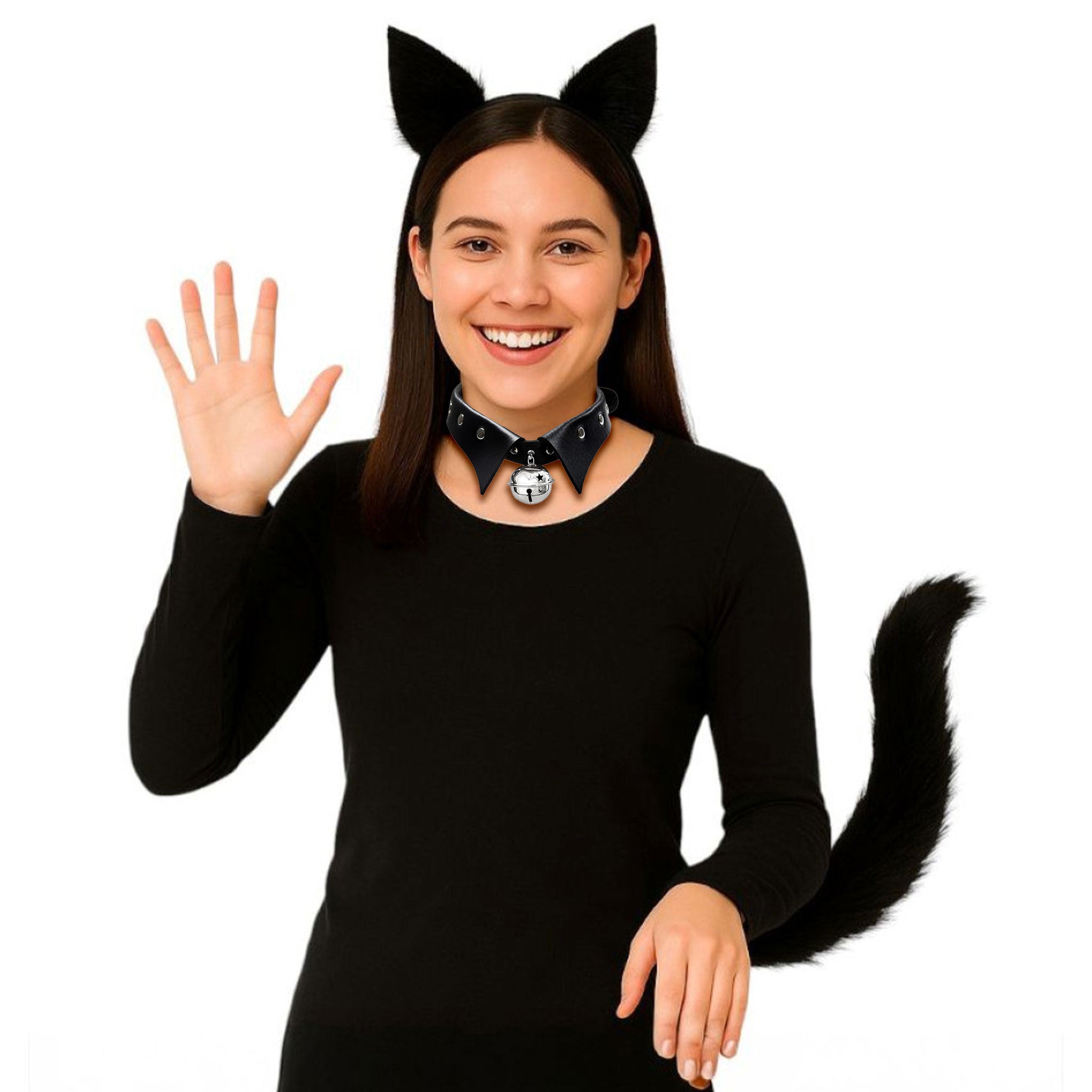Synthetic-fur faux-leather velvet accessories costume-set 3pc 3-pc 3-piece three-piece headgear head-gear headband cat-ears animal-ears cat-tail animal-tail attachable detachable safety-clasp furry fuzzy bell-choker bell-collar collar choker sleigh-bell lapel feline cat kitty kitten black-cat meow pussycat pussy-cat pet-play animal-play mischievous cute soft sleek sassy playful costume cosplay halloween party black