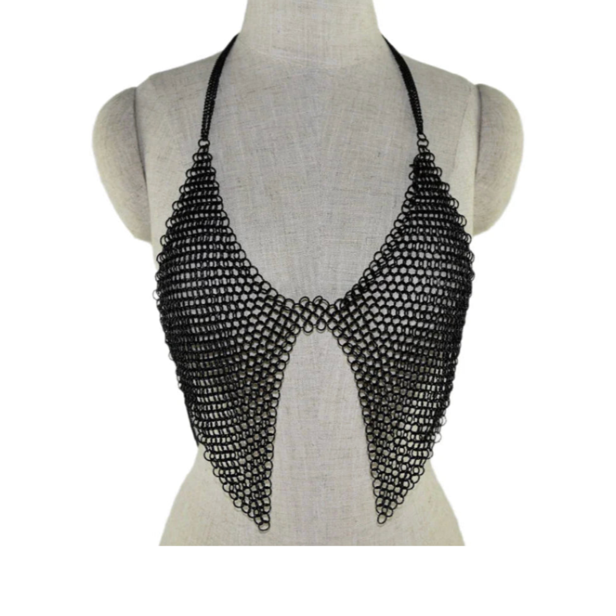 Black chainmail top, adjustable chains, metal links, edgy fashion, festival outfit, fetish wear, statement piece.