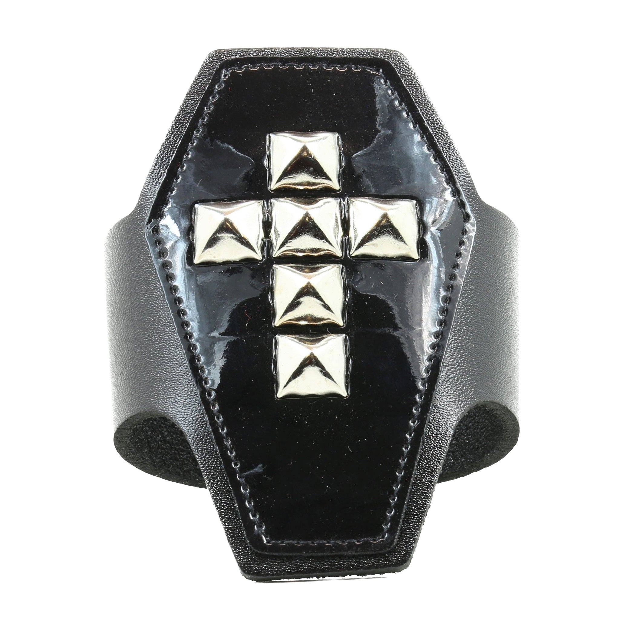 Leather genuine-leather patent-leather accessories arm-gear jewelry bracelet wrist-cuff wrist coffin-shaped pyramid-studs studded studs cross crucifix snap-button press-stud back-closure fashion alt-fashion punk rock goth gothic festival dark streetwear clubbing clubwear bondage bdsm bdsm-gear kink kinky kinkwear restraints costume cosplay halloween halloween-accessories gift male masculine masc mens menswear guys dudes unisex black