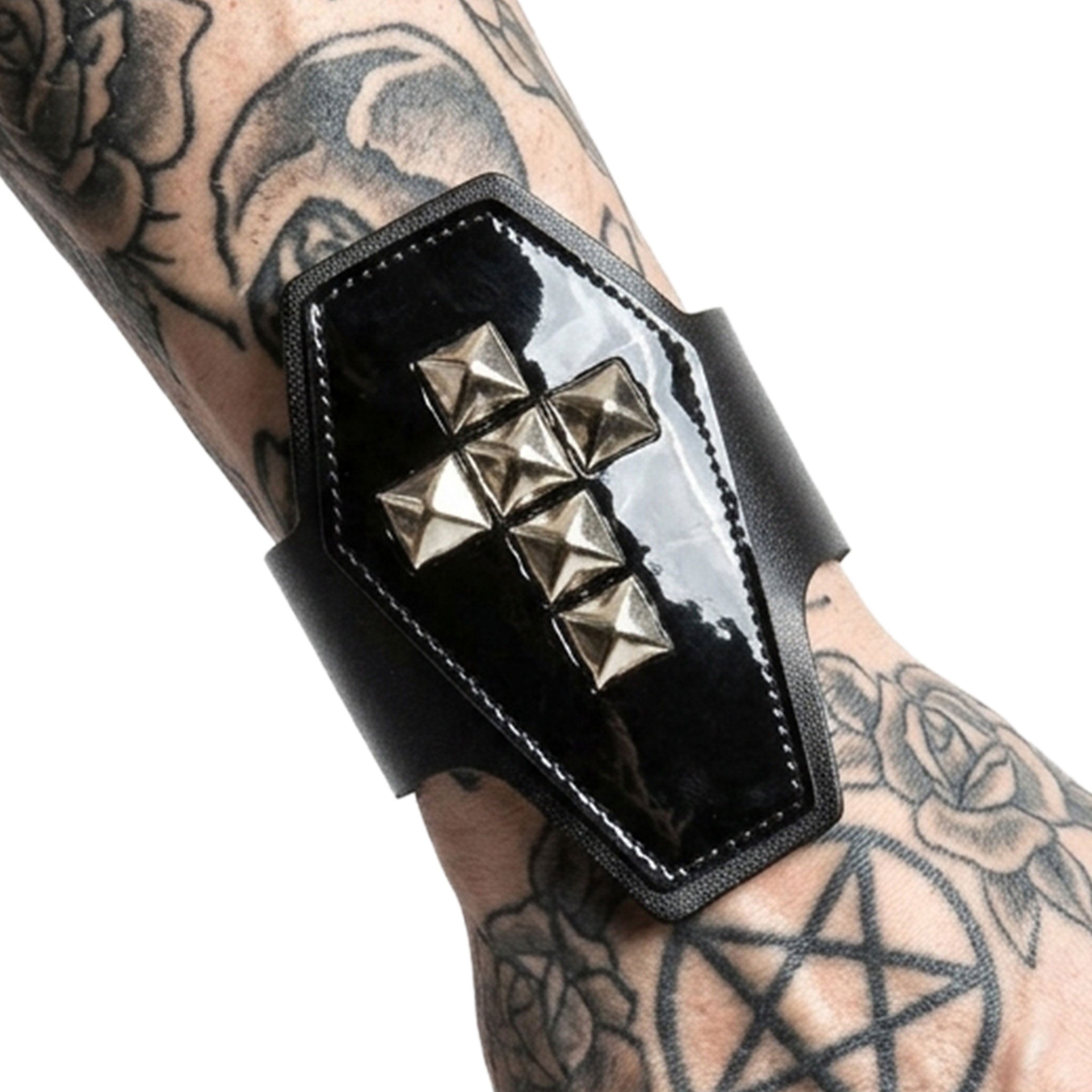 Leather genuine-leather patent-leather accessories arm-gear jewelry bracelet wrist-cuff wrist coffin-shaped pyramid-studs studded studs cross crucifix snap-button press-stud back-closure fashion alt-fashion punk rock goth gothic festival dark streetwear clubbing clubwear bondage bdsm bdsm-gear kink kinky kinkwear restraints costume cosplay halloween halloween-accessories gift male masculine masc mens menswear guys dudes unisex black