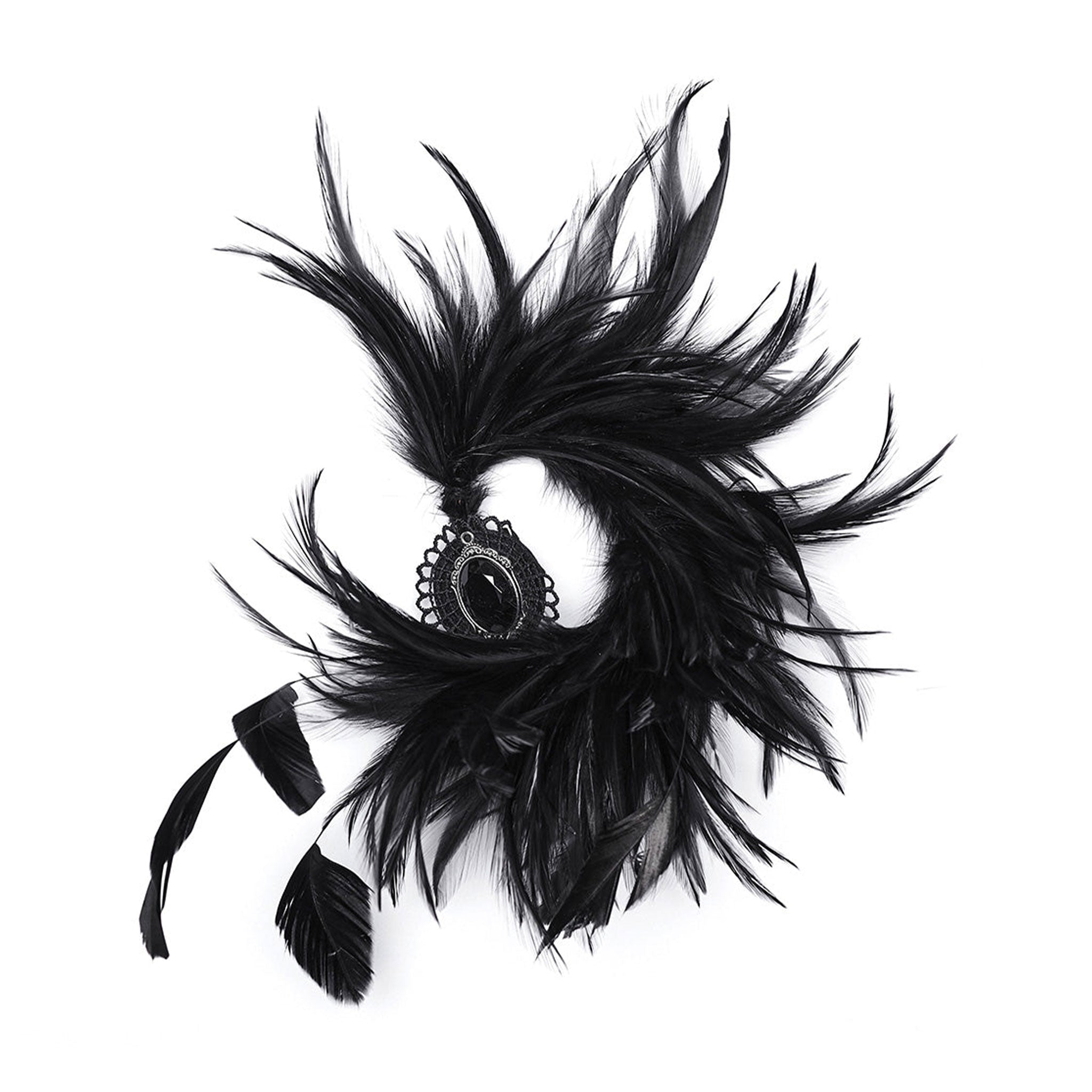 Feathers polyester synthetic-fabric lace aluminum accessories headgear head-gear ornament fascinator hair-clip hairclip poseable adjustable armature versatile timeless opulent dramatic fashion alt-fashion victorian goth gothic romantic masquerade formal fancy costume cosplay halloween ravenette female femme feminine womens black