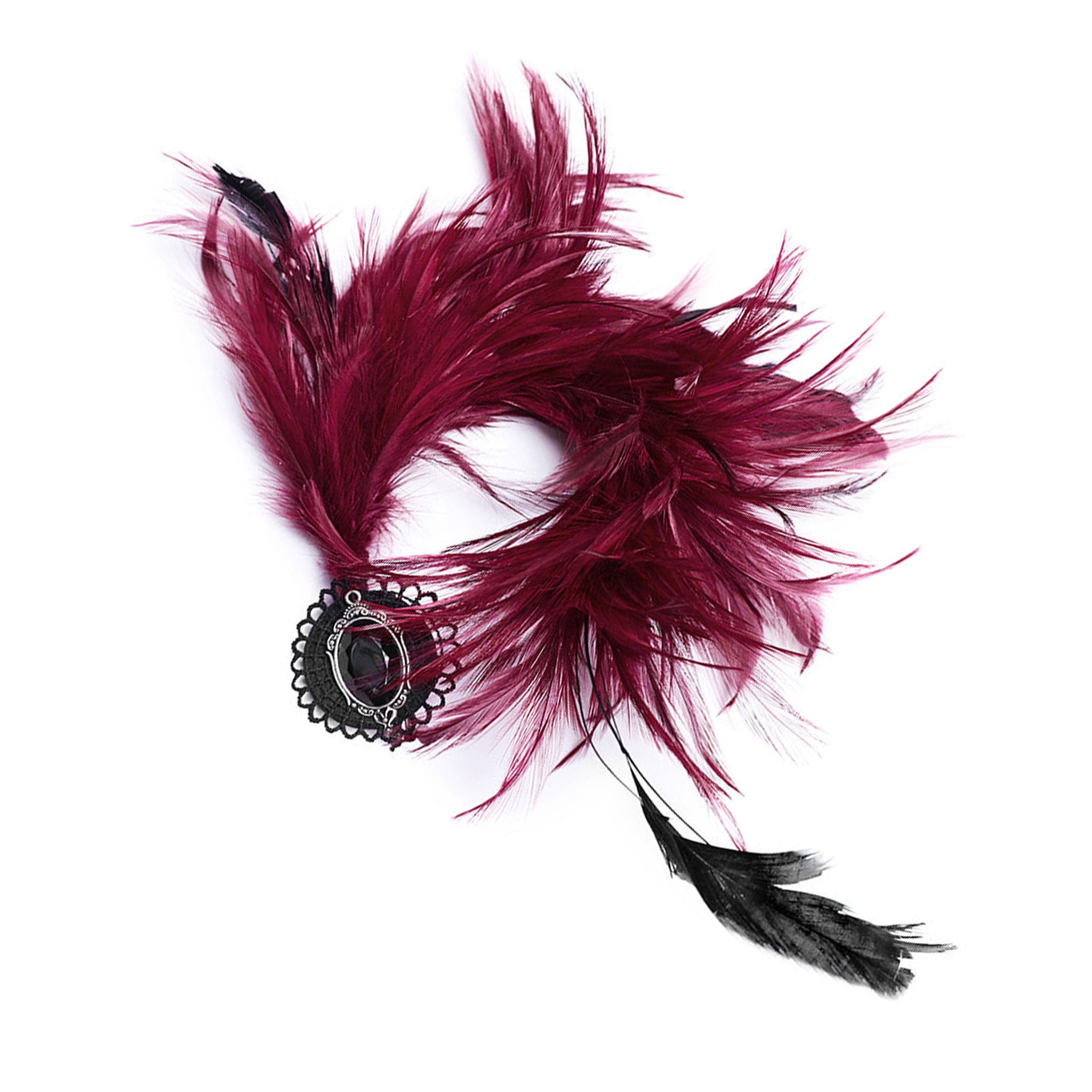 Feathers polyester synthetic-fabric lace aluminum accessories headgear head-gear ornament fascinator hair-clip hairclip poseable adjustable armature versatile timeless opulent dramatic fashion alt-fashion victorian goth gothic romantic masquerade formal fancy costume cosplay halloween ravenette female femme feminine womens red