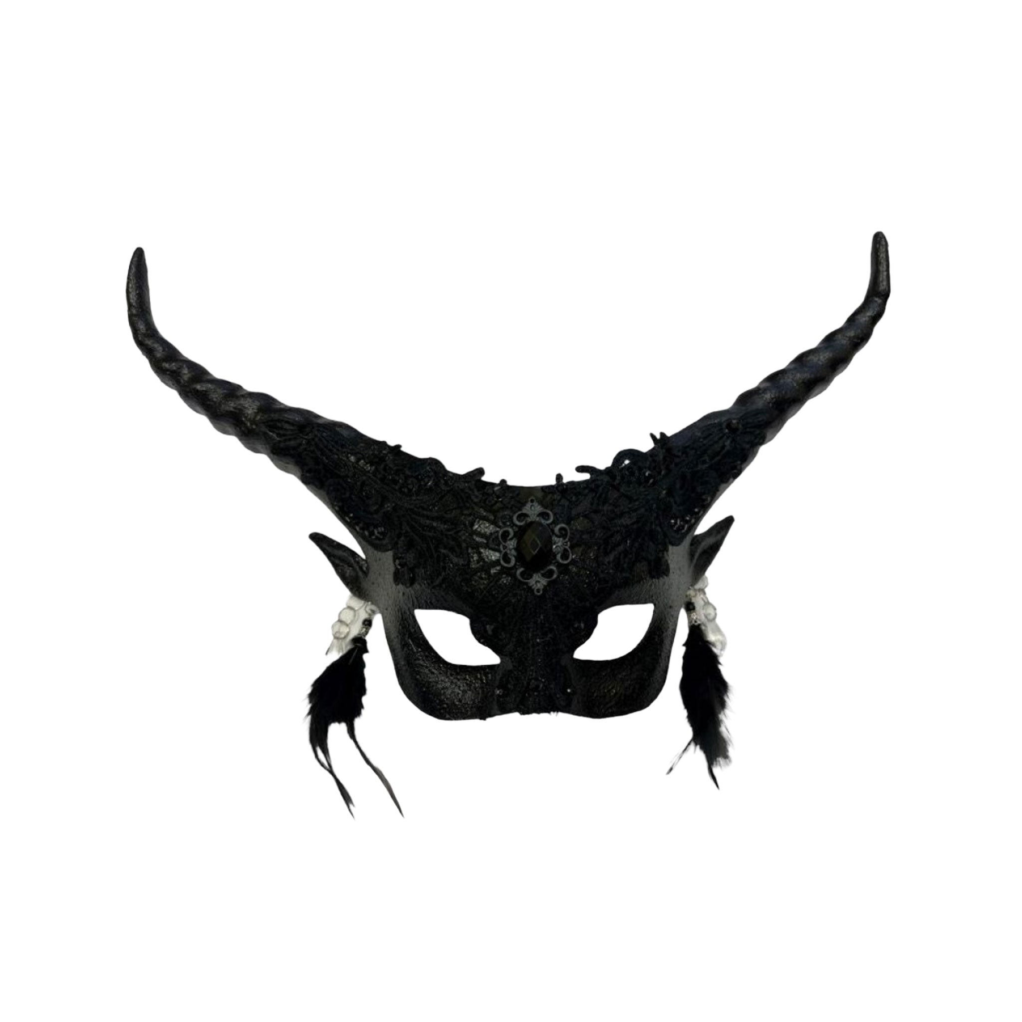 Molded-resin embroidered-lace acrylic-gems feathers elastic-band accessories headgear mask half-mask horns twisting devil gemstones pointed-ears elastic-band shiny glossy textured comfortable irresistible fetish fashion alt-fashion alternative bedroom dungeon festivalwear kink kinky kinkwear sacrilege costume cosplay halloween halloween-accessories halloween-couture unisex black