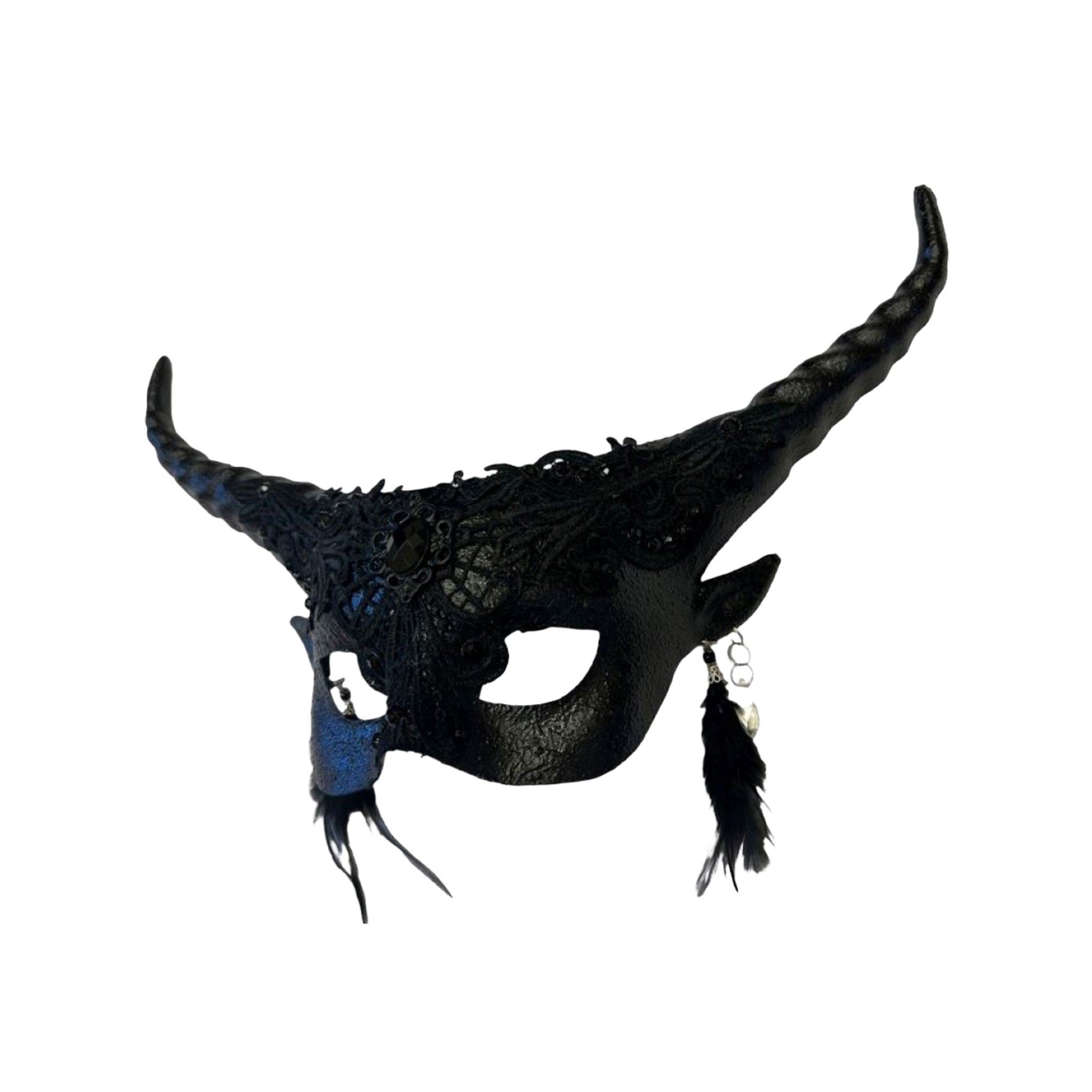 Molded-resin embroidered-lace acrylic-gems feathers elastic-band accessories headgear mask half-mask horns twisting devil gemstones pointed-ears elastic-band shiny glossy textured comfortable irresistible fetish fashion alt-fashion alternative bedroom dungeon festivalwear kink kinky kinkwear sacrilege costume cosplay halloween halloween-accessories halloween-couture unisex black