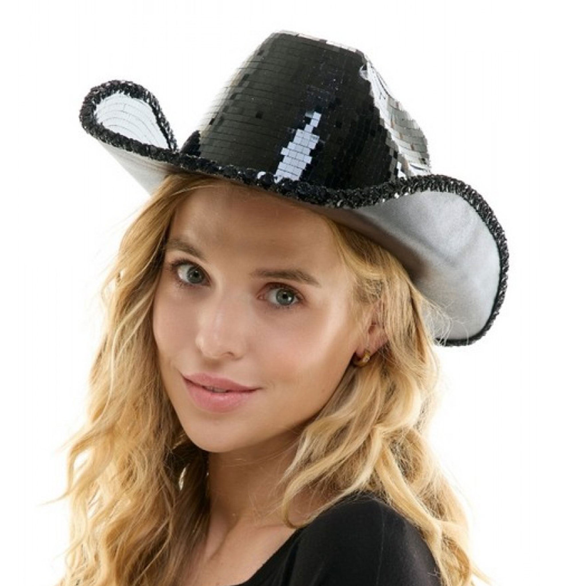 Leather vegan-leather faux-leather sequin-trim accessories headgear hat cowboy-hat cowgirl-hat mirror-mosaic disco-ball disco-mirror shiny reflective sleek edgy heavy shimmering fetish fashion alt-fashion western-glam bull bronco stallion rider rodeo line-dancing festival rave raver-babe ravewear cyber costume cosplay halloween country western eyekndy unisex lgbtq pride black
