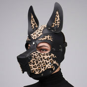 Leather faux-leather vegan-leather accessories mask dog-mask open-back standing-ears snout muzzle snap-button press-stud adjustable buckle back-strap crown-strap animal animalistic wild customizable bold eye-catching edgy playful bondage bdsm bdsm-toys bdsm-play kink kinky kinky-play pet pet-play animal pup pup-play puppy-play roleplay role-play costume cosplay halloween adult-toys unisex animal-print leopard-print black natural