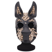 Leather faux-leather vegan-leather accessories mask dog-mask open-back standing-ears snout muzzle snap-button press-stud adjustable buckle back-strap crown-strap animal animalistic wild customizable bold eye-catching edgy playful bondage bdsm bdsm-toys bdsm-play kink kinky kinky-play pet pet-play animal pup pup-play puppy-play roleplay role-play costume cosplay halloween adult-toys unisex animal-print leopard-print black natural
