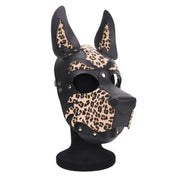 Leather faux-leather vegan-leather accessories mask dog-mask open-back standing-ears snout muzzle snap-button press-stud adjustable buckle back-strap crown-strap animal animalistic wild customizable bold eye-catching edgy playful bondage bdsm bdsm-toys bdsm-play kink kinky kinky-play pet pet-play animal pup pup-play puppy-play roleplay role-play costume cosplay halloween adult-toys unisex animal-print leopard-print black natural
