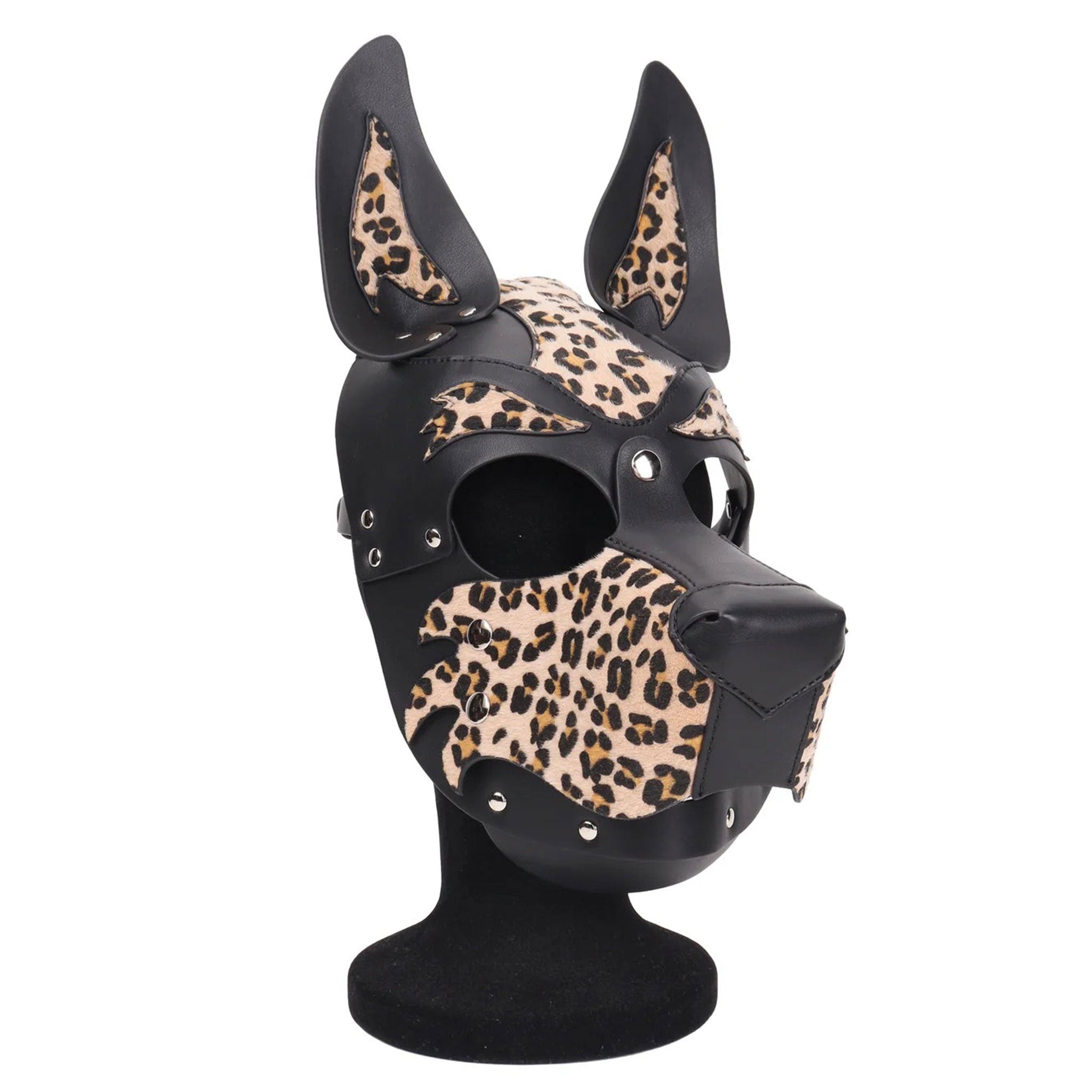 Leather faux-leather vegan-leather accessories mask dog-mask open-back standing-ears snout muzzle snap-button press-stud adjustable buckle back-strap crown-strap animal animalistic wild customizable bold eye-catching edgy playful bondage bdsm bdsm-toys bdsm-play kink kinky kinky-play pet pet-play animal pup pup-play puppy-play roleplay role-play costume cosplay halloween adult-toys unisex animal-print leopard-print black natural