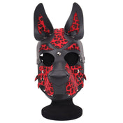 Leather faux-leather vegan-leather accessories mask dog-mask open-back standing-ears snout muzzle snap-button press-stud adjustable buckle back-strap crown-strap animal animalistic wild customizable bold eye-catching edgy playful bondage bdsm bdsm-toys bdsm-play kink kinky kinky-play pet pet-play animal pup pup-play puppy-play roleplay role-play costume cosplay halloween adult-toys unisex animal-print leopard-print black red