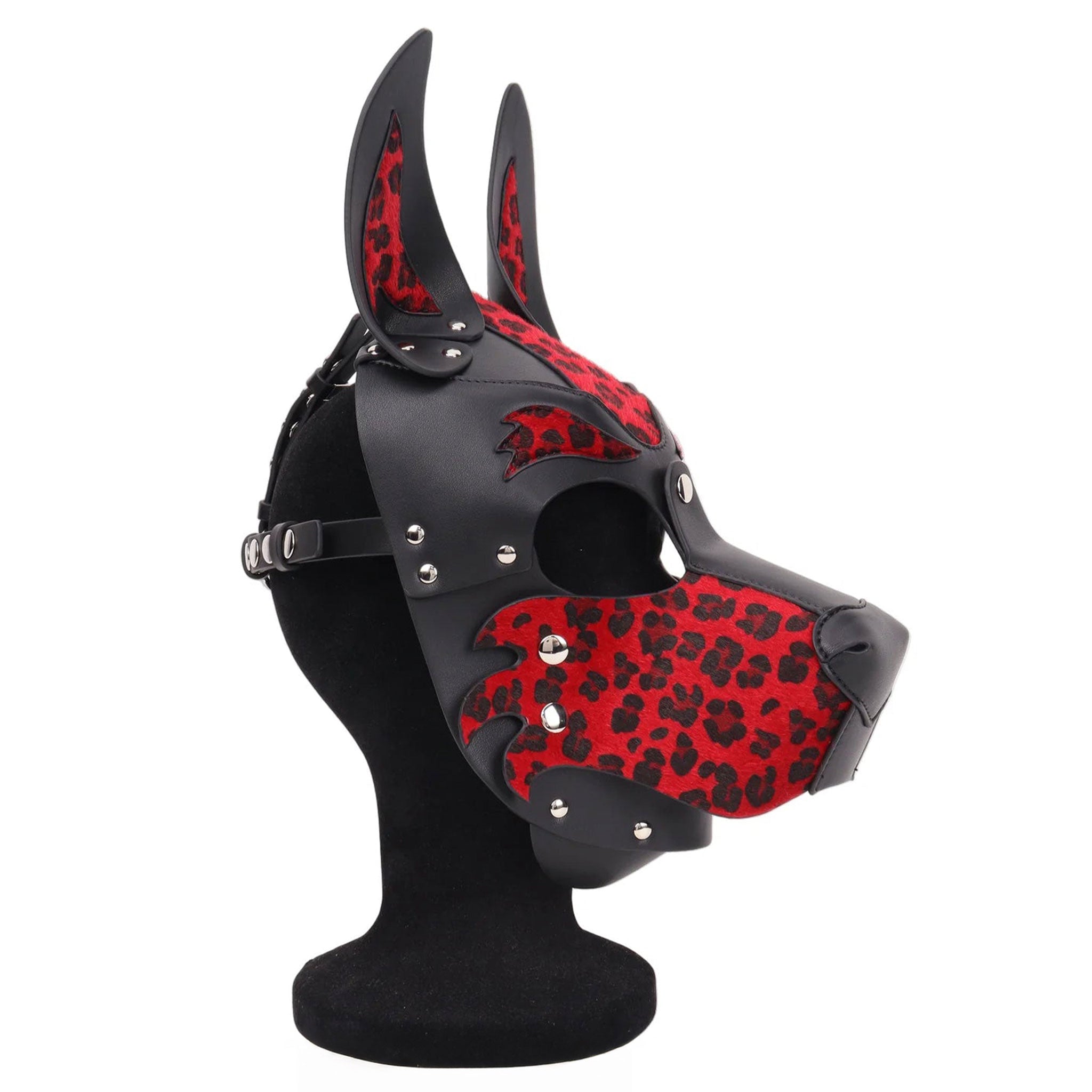 Leather faux-leather vegan-leather accessories mask dog-mask open-back standing-ears snout muzzle snap-button press-stud adjustable buckle back-strap crown-strap animal animalistic wild customizable bold eye-catching edgy playful bondage bdsm bdsm-toys bdsm-play kink kinky kinky-play pet pet-play animal pup pup-play puppy-play roleplay role-play costume cosplay halloween adult-toys unisex animal-print leopard-print black red