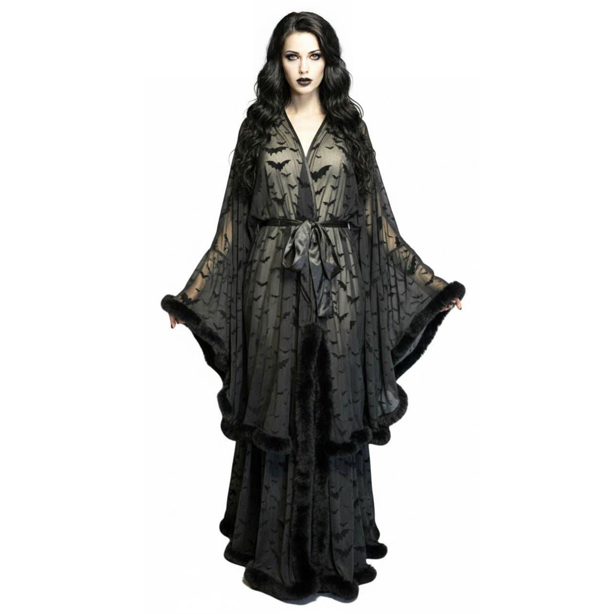 Spandex polyester sheer see-through see-thru faux-fur apparel tops robe cape lingerie intimates lingerie-cover long-sleeves bell-sleeves satin-belt tie-belt textured velvet-flocking feathered-fur fur-trim bat-print ample dramatic vampirecore whimsigoth surreal-escapism freedom airy breathable layering fetish fashion alt-fashion alternative goth gothic goth-doll festival bedroom boudoir costume cosplay halloween halloween-costumes halloween-accessories vampire vamp draculina aristocrat gifts female femme fem