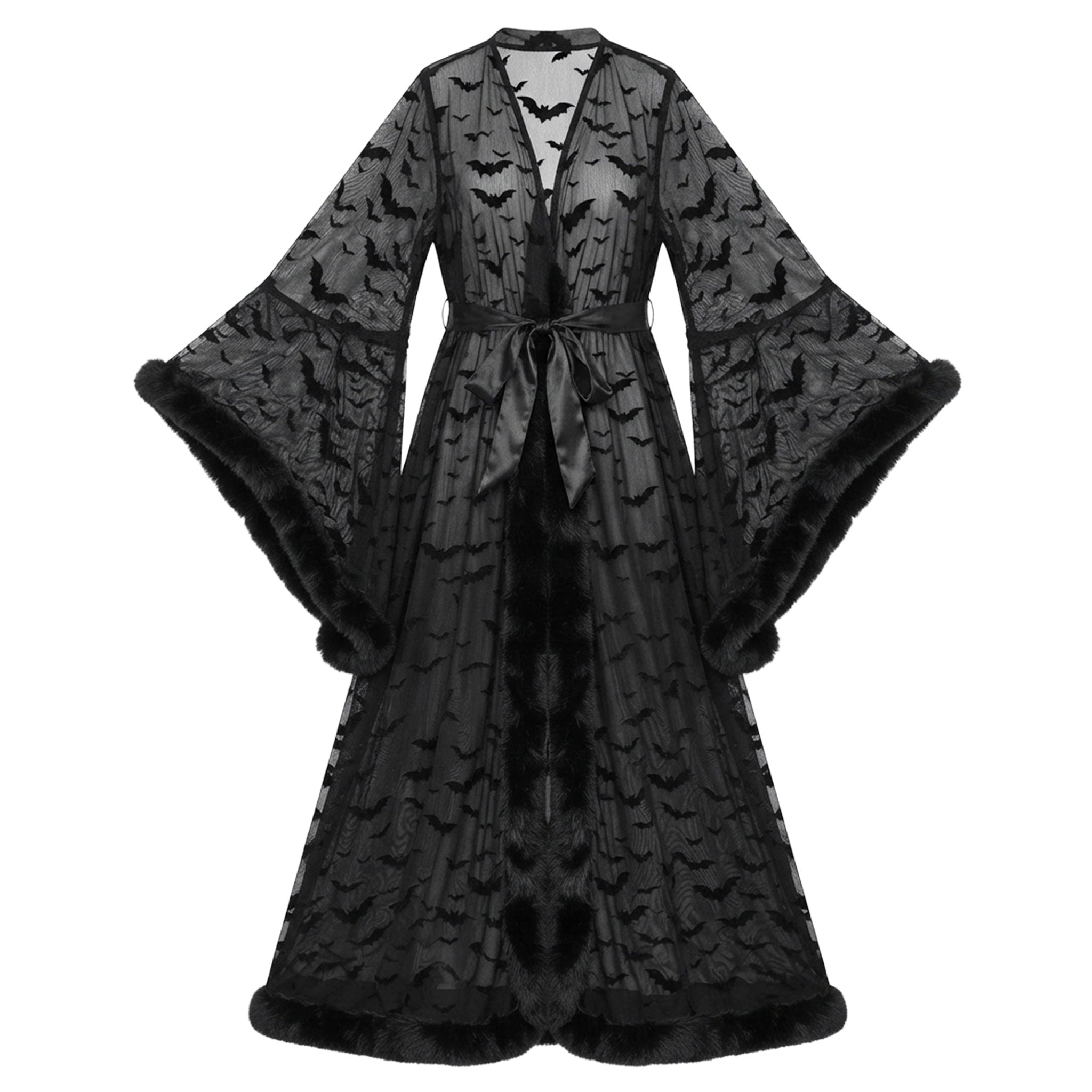 Spandex polyester sheer see-through see-thru faux-fur apparel tops robe cape lingerie intimates lingerie-cover long-sleeves bell-sleeves satin-belt tie-belt textured velvet-flocking feathered-fur fur-trim bat-print ample dramatic vampirecore whimsigoth surreal-escapism freedom airy breathable layering fetish fashion alt-fashion alternative goth gothic goth-doll festival bedroom boudoir costume cosplay halloween halloween-costumes halloween-accessories vampire vamp draculina aristocrat gifts female femme fem