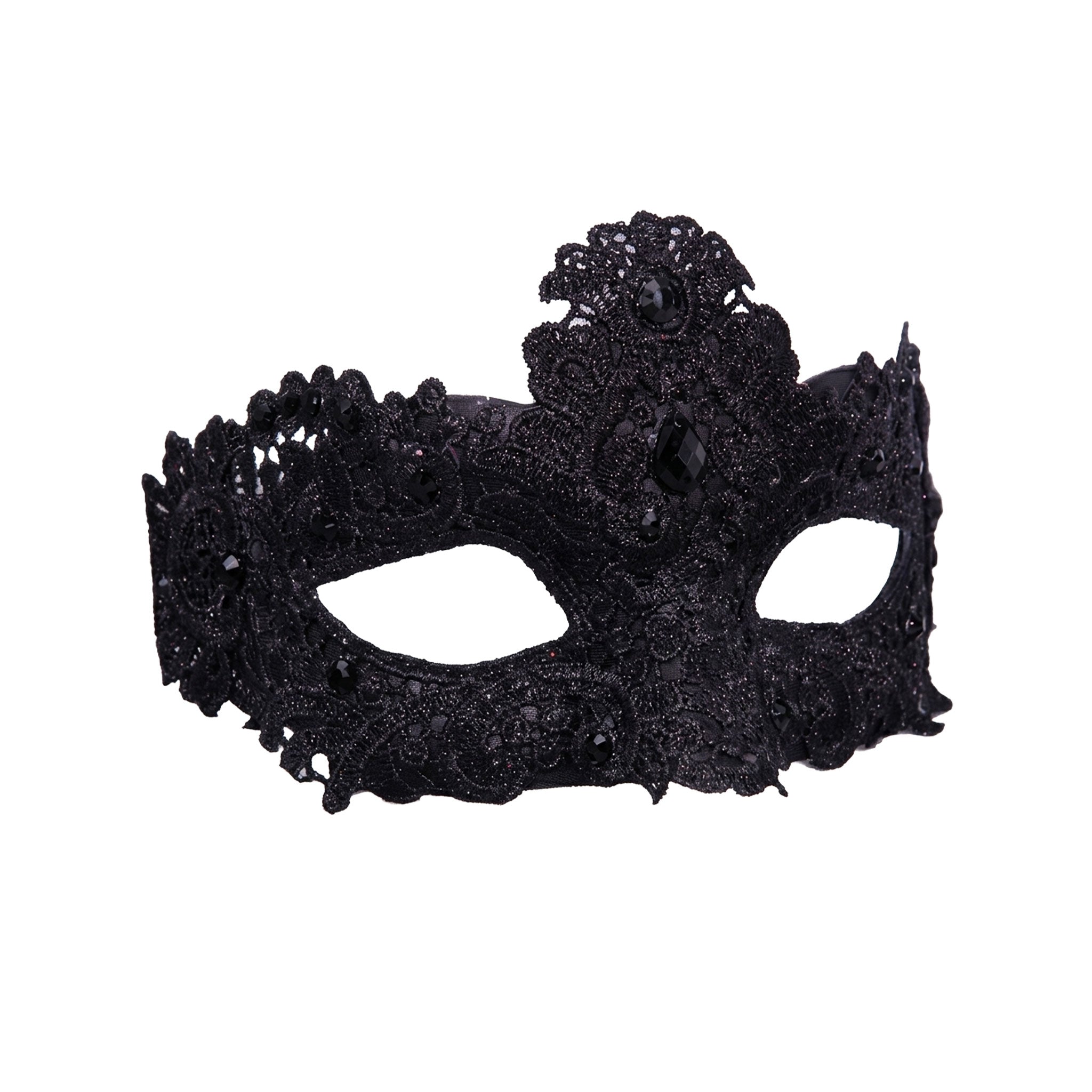 Lace-fabric gemstone accessories headgear mask half-mask crown-shaped elegant embellished dramatic statement regal sparkling face-framing intricate fetish fashion alt-fashion alternative goth gothic festival masquerade party costume cosplay halloween halloween-accessories halloween-couture female femme feminine womens unisex black