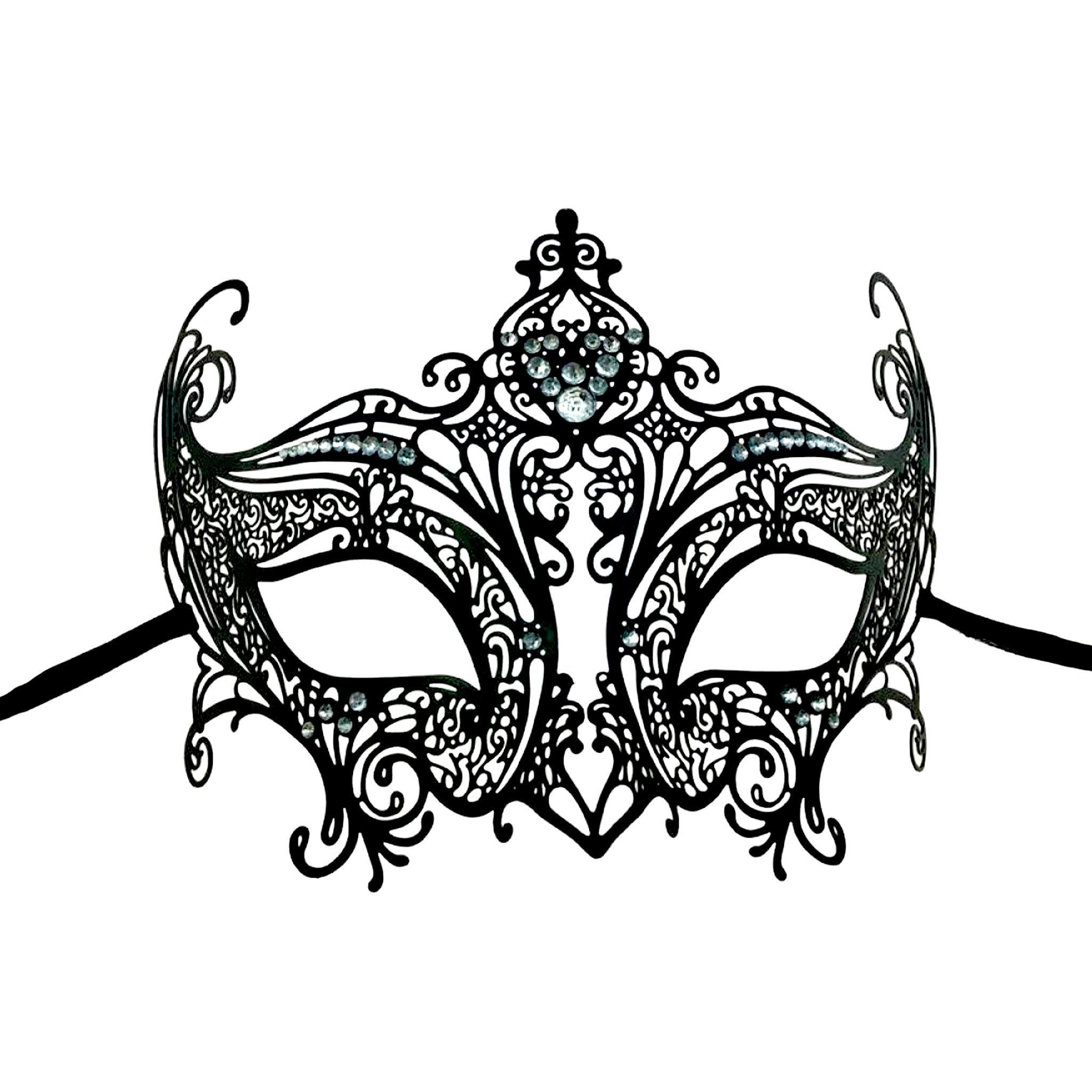 Metal metallic semi-malleable semi-flexible laser-cut rhinestones accessories mask eye-mask filigree filigree-mask tie-on satin-ribbon 
ornate detailing sparkling goth gothic elegance elegant timeless bold mystery mysterious sophisticated sophistication dramatic fantasy costumes cosplay Halloween masquerade masquerade-ball party unisex black