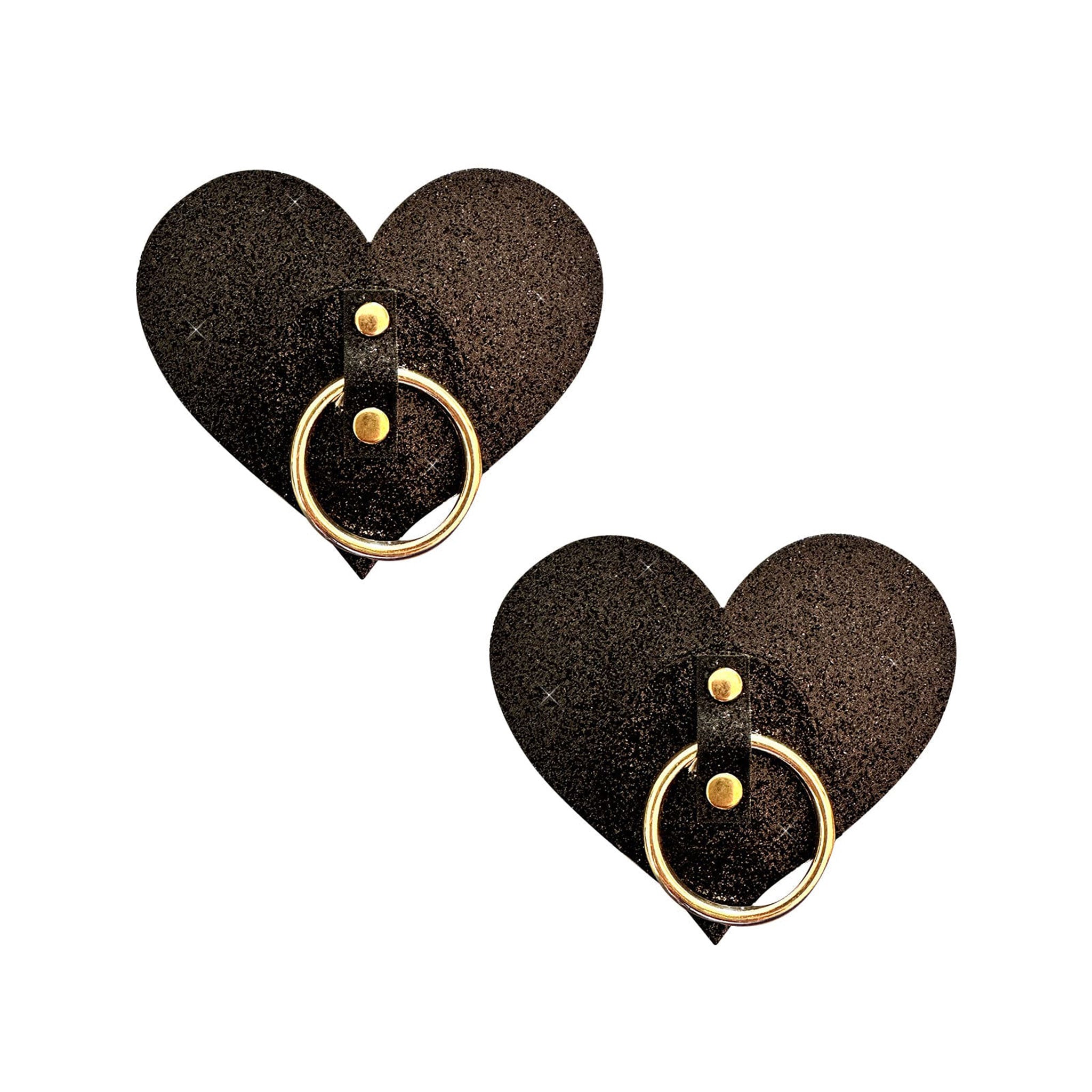Nipple pasties breast covers shields petals glitter metallic O-ring hoop heart-shaped accessories costume cosplay alt-fashion punk rock BDSM bondage black gold