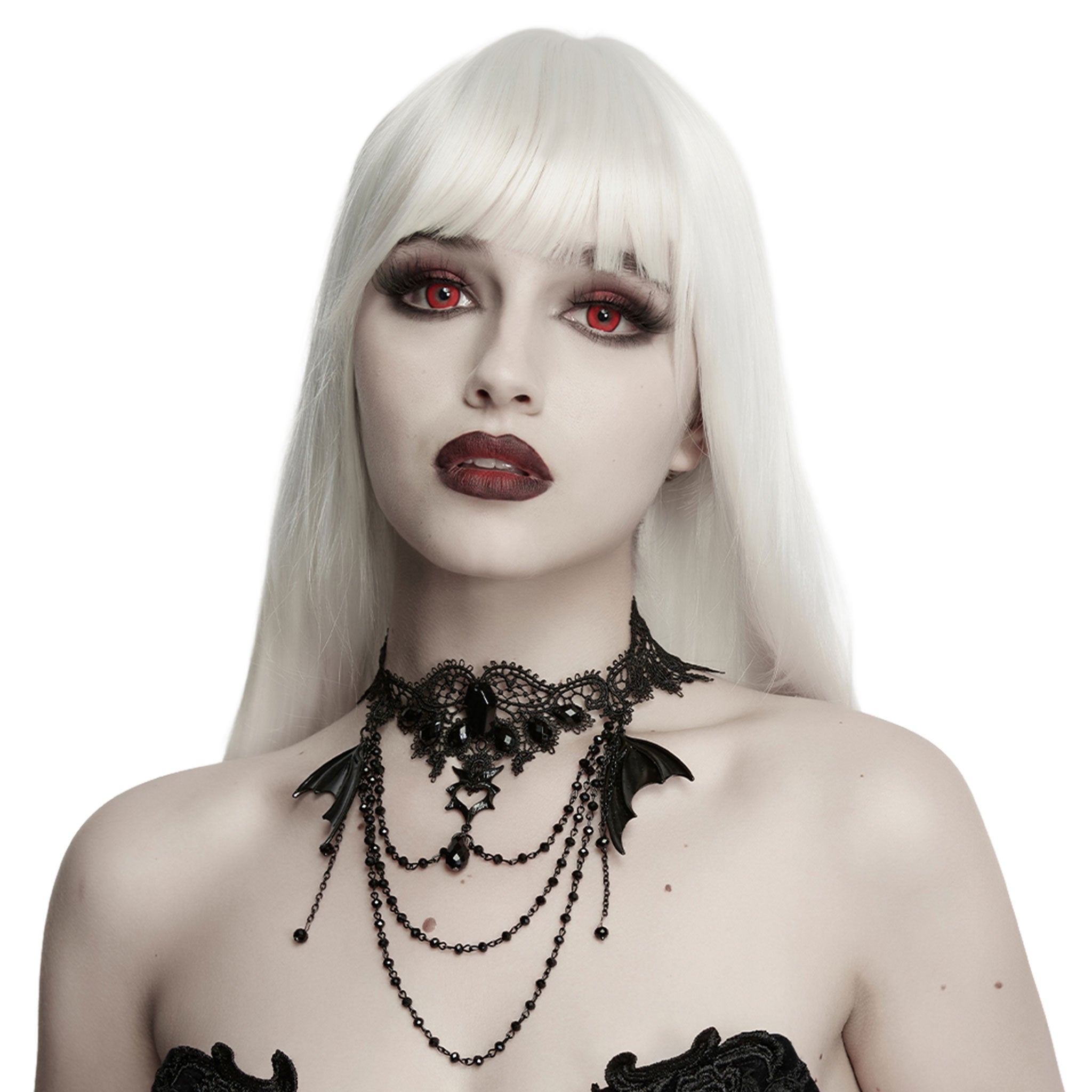 Polyester lace metallic-alloy metallic-chain accessories neck-wear necklace choker bat crystal-beads hollow-heart heart-shaped pendant tassel-chain back-closure lobster-clasp dynamic luxurious mysterious fashion alt-fashion alternative dark-fashion goth gothic elegant romantic costume cosplay halloween halloween-accessories undead vampire nobility coffin spooky afterdark-collection female femme feminine womens black