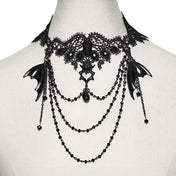 Polyester lace metallic-alloy metallic-chain accessories neck-wear necklace choker bat crystal-beads hollow-heart heart-shaped pendant tassel-chain back-closure lobster-clasp dynamic luxurious mysterious fashion alt-fashion alternative dark-fashion goth gothic elegant romantic costume cosplay halloween halloween-accessories undead vampire nobility coffin spooky afterdark-collection female femme feminine womens black