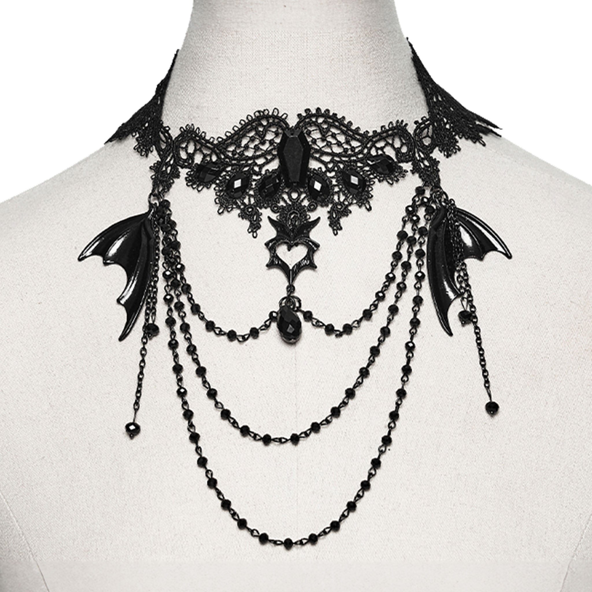 Polyester lace metallic-alloy metallic-chain accessories neck-wear necklace choker bat crystal-beads hollow-heart heart-shaped pendant tassel-chain back-closure lobster-clasp dynamic luxurious mysterious fashion alt-fashion alternative dark-fashion goth gothic elegant romantic costume cosplay halloween halloween-accessories undead vampire nobility coffin spooky afterdark-collection female femme feminine womens black