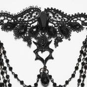 Polyester lace metallic-alloy metallic-chain accessories neck-wear necklace choker bat crystal-beads hollow-heart heart-shaped pendant tassel-chain back-closure lobster-clasp dynamic luxurious mysterious fashion alt-fashion alternative dark-fashion goth gothic elegant romantic costume cosplay halloween halloween-accessories undead vampire nobility coffin spooky afterdark-collection female femme feminine womens black