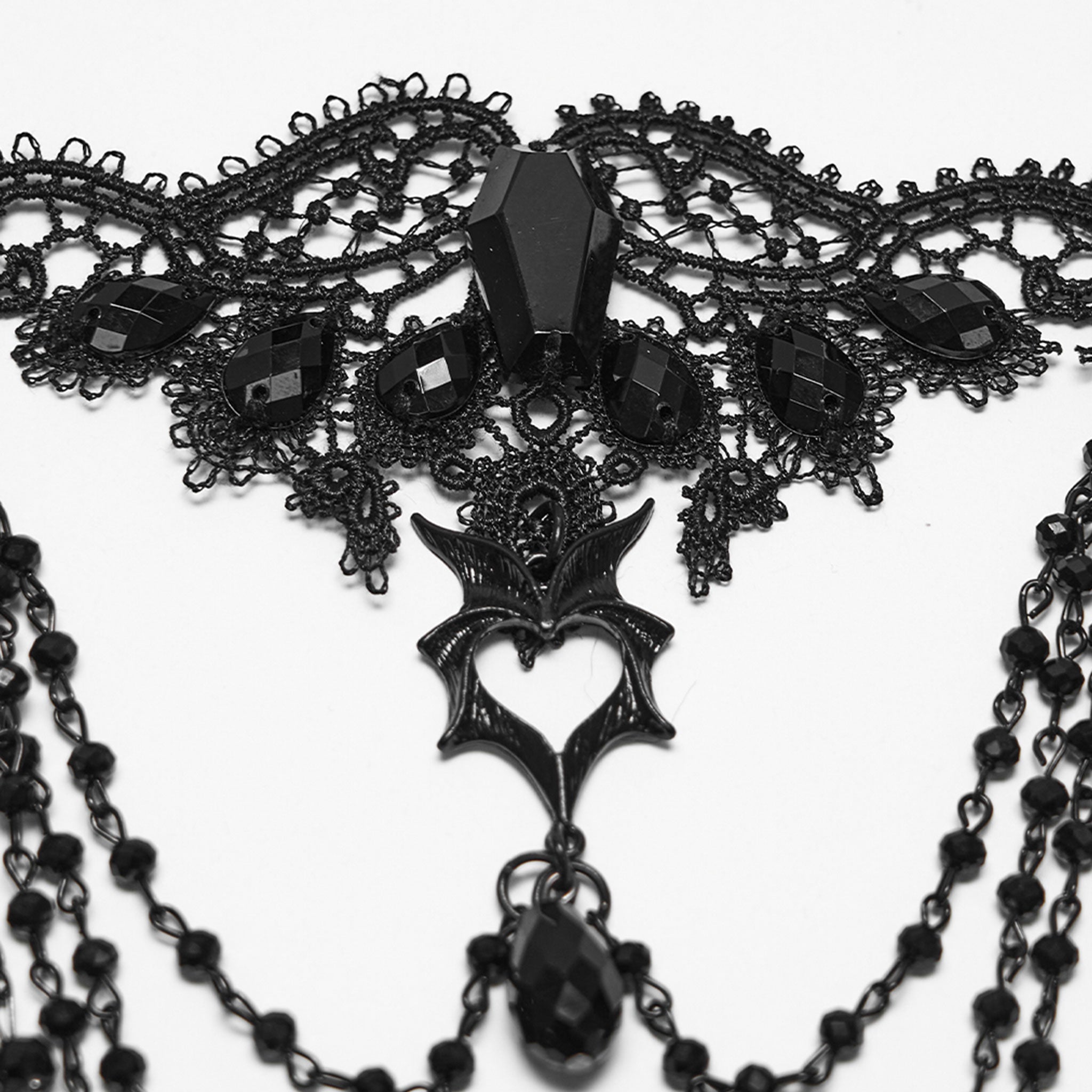 Polyester lace metallic-alloy metallic-chain accessories neck-wear necklace choker bat crystal-beads hollow-heart heart-shaped pendant tassel-chain back-closure lobster-clasp dynamic luxurious mysterious fashion alt-fashion alternative dark-fashion goth gothic elegant romantic costume cosplay halloween halloween-accessories undead vampire nobility coffin spooky afterdark-collection female femme feminine womens black