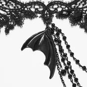 Polyester lace metallic-alloy metallic-chain accessories neck-wear necklace choker bat crystal-beads hollow-heart heart-shaped pendant tassel-chain back-closure lobster-clasp dynamic luxurious mysterious fashion alt-fashion alternative dark-fashion goth gothic elegant romantic costume cosplay halloween halloween-accessories undead vampire nobility coffin spooky afterdark-collection female femme feminine womens black
