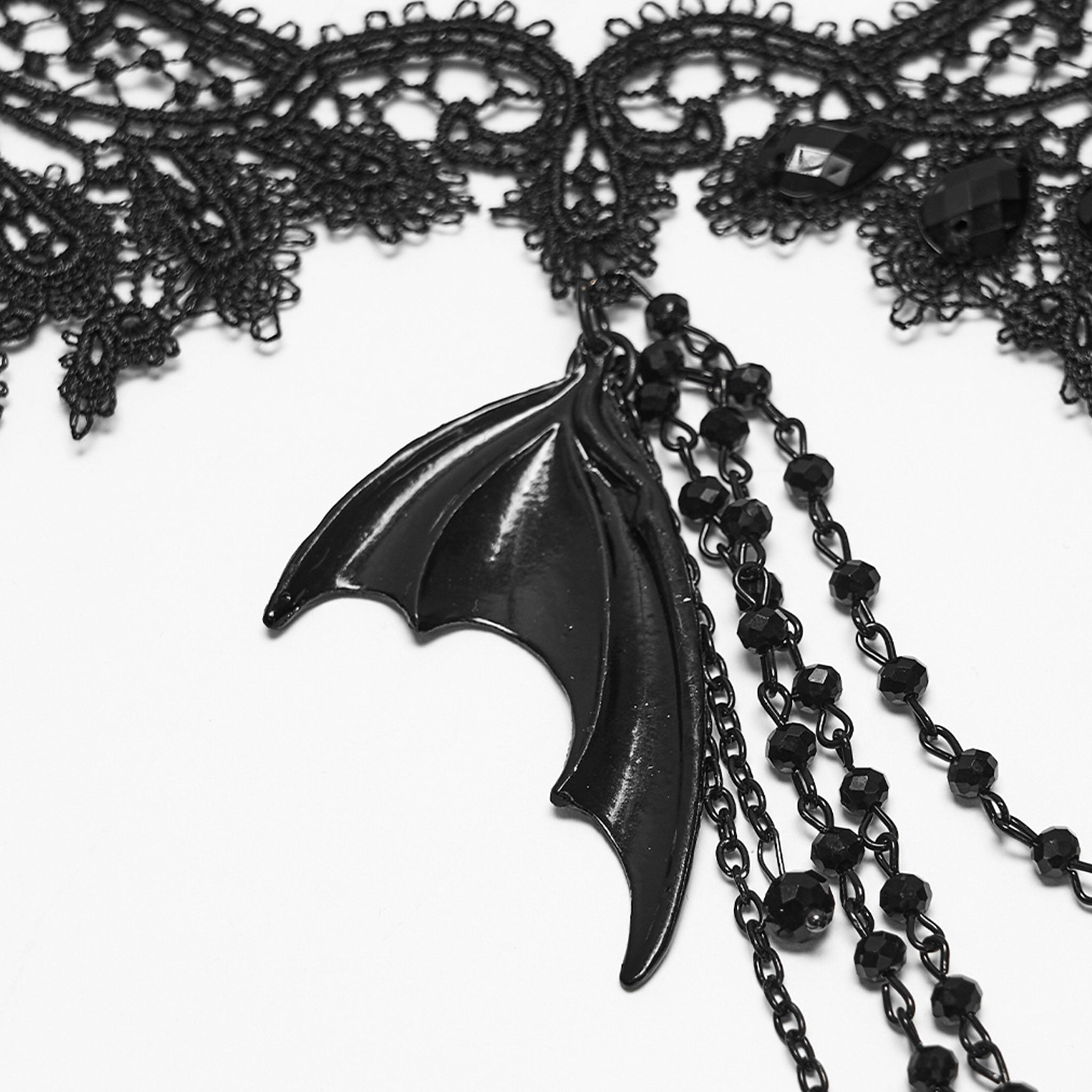 Polyester lace metallic-alloy metallic-chain accessories neck-wear necklace choker bat crystal-beads hollow-heart heart-shaped pendant tassel-chain back-closure lobster-clasp dynamic luxurious mysterious fashion alt-fashion alternative dark-fashion goth gothic elegant romantic costume cosplay halloween halloween-accessories undead vampire nobility coffin spooky afterdark-collection female femme feminine womens black