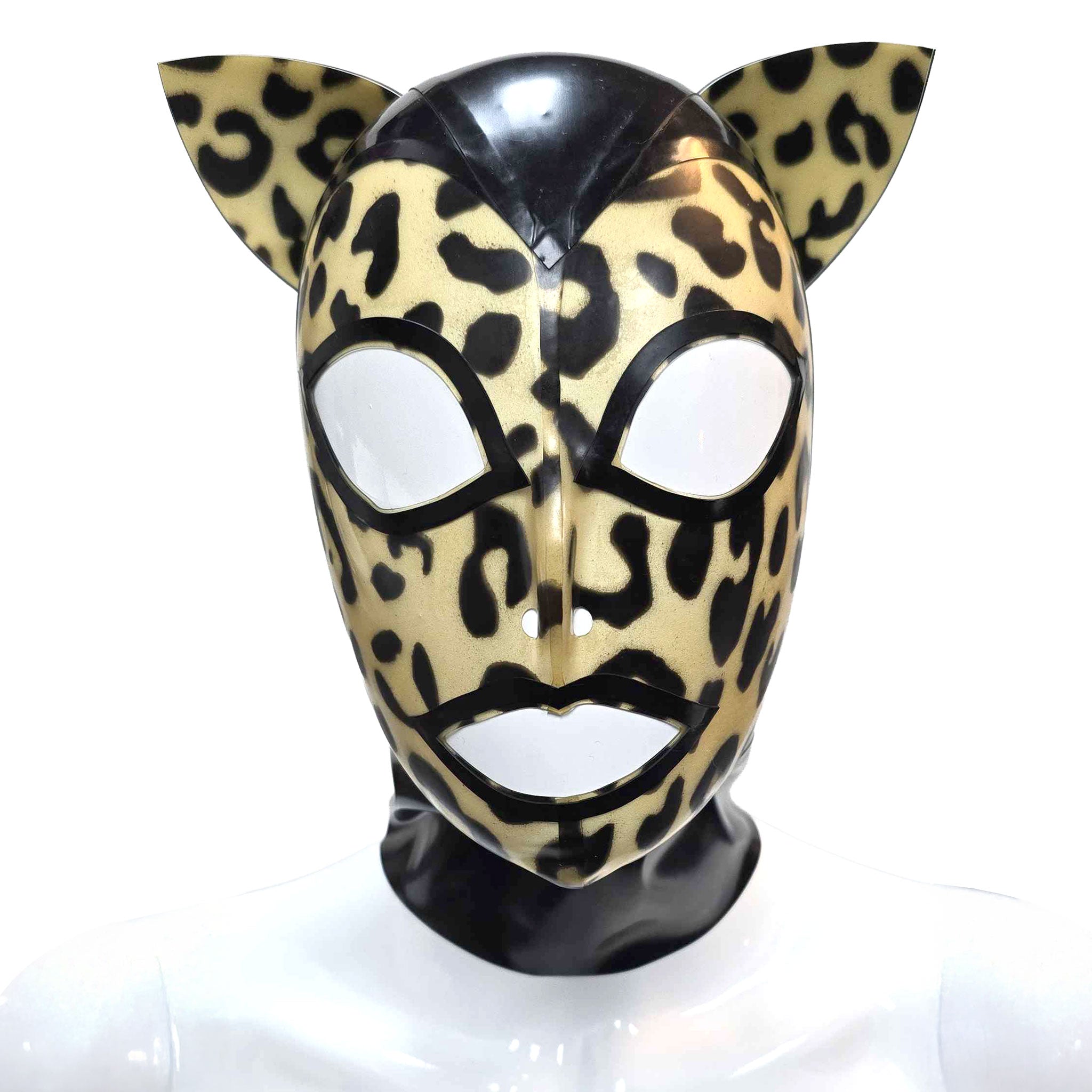 Latex opaque-latex transparent-latex accessories headgear head-gear masks hoods full-face anatomical openings nostrils contrast-trim ears cat-ears zipper back-zip invisible-zip hair-shield hair-protector cute fetish fashion alt-fashion bondage bdsm bdsm-gear bdsm-toys kink kinky kinky-toys kinky-play kinkwear pet-play feline cat kitty kitten leopard animal jungle unisex black leopard-print 