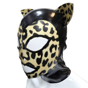 Latex opaque-latex transparent-latex accessories headgear head-gear masks hoods full-face anatomical openings nostrils contrast-trim ears cat-ears zipper back-zip invisible-zip hair-shield hair-protector cute fetish fashion alt-fashion bondage bdsm bdsm-gear bdsm-toys kink kinky kinky-toys kinky-play kinkwear pet-play feline cat kitty kitten leopard animal jungle unisex black leopard-print 