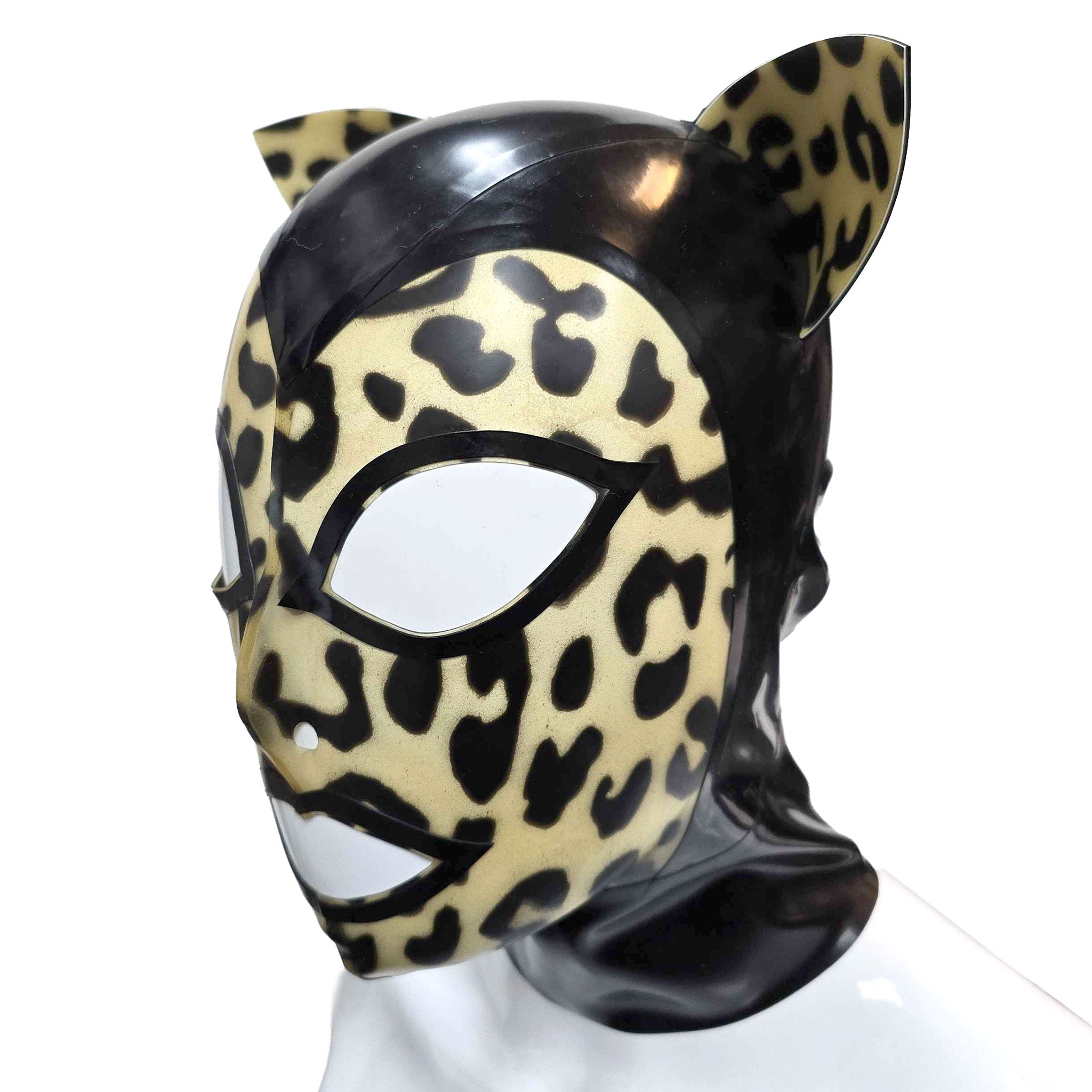 Latex opaque-latex transparent-latex accessories headgear head-gear masks hoods full-face anatomical openings nostrils contrast-trim ears cat-ears zipper back-zip invisible-zip hair-shield hair-protector cute fetish fashion alt-fashion bondage bdsm bdsm-gear bdsm-toys kink kinky kinky-toys kinky-play kinkwear pet-play feline cat kitty kitten leopard animal jungle unisex black leopard-print 