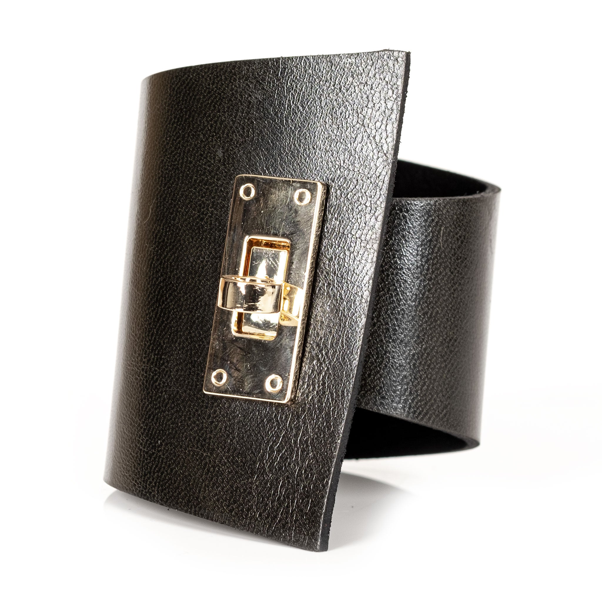 Premium leather wrist cuff bracelet asymmetrical turn clasp sophisticated bold unique angular luxurious arm gear accessories black gold