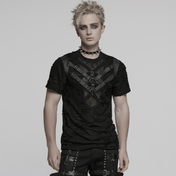 black mesh buckle punk t shirt tattered knitted fabric metal rings webbing rubberized leather segmented front gothic punk alternative fashion distressed top industrial style clothing