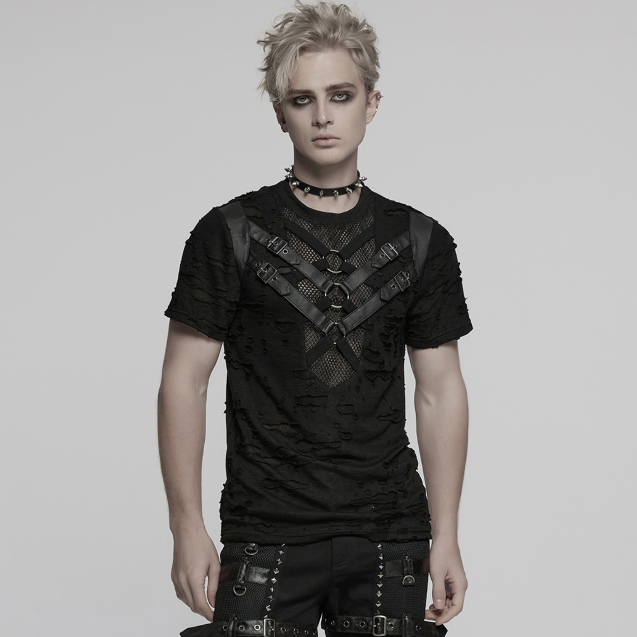 black mesh buckle punk t shirt tattered knitted fabric metal rings webbing rubberized leather segmented front gothic punk alternative fashion distressed top industrial style clothing