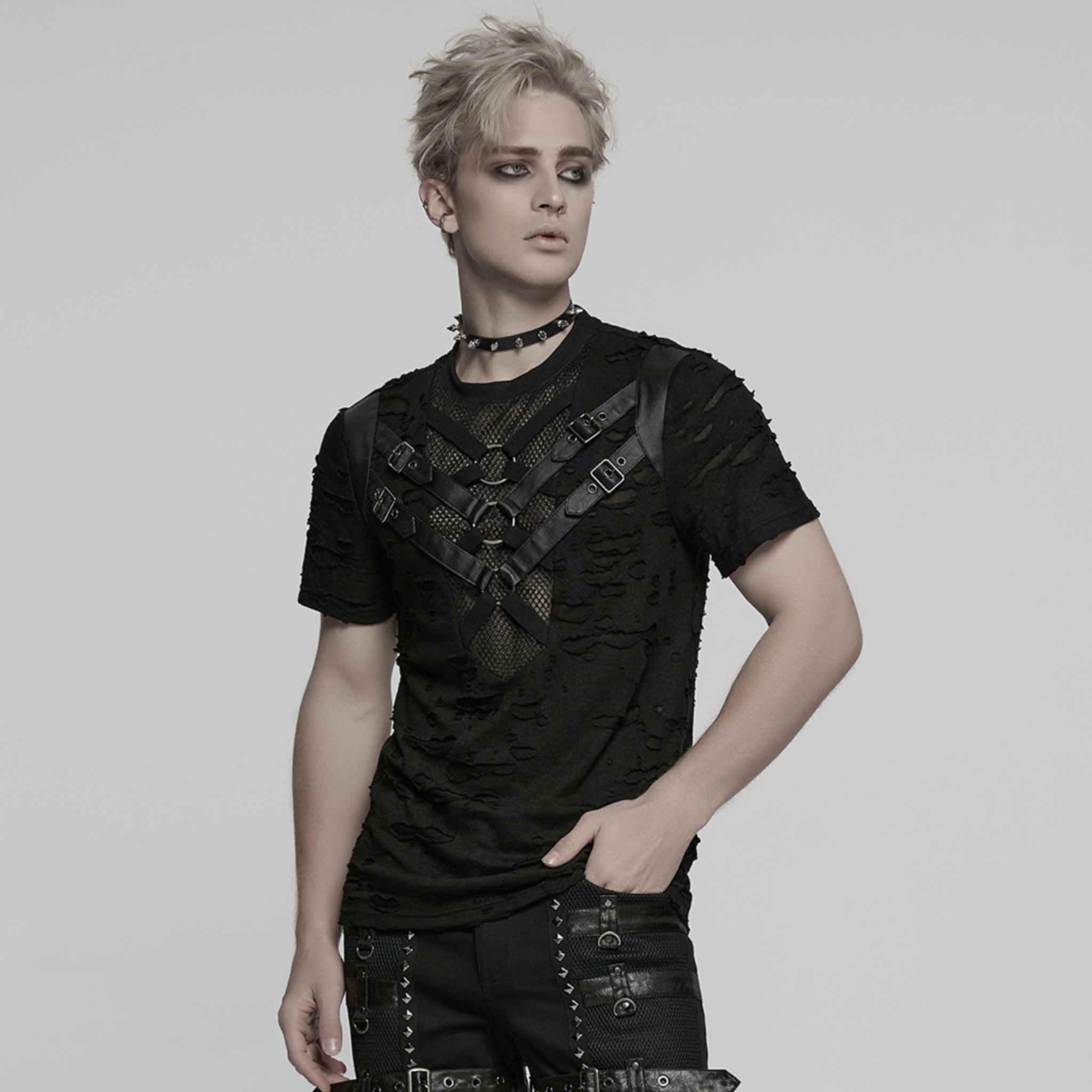 black mesh buckle punk t shirt tattered knitted fabric metal rings webbing rubberized leather segmented front gothic punk alternative fashion distressed top industrial style clothing