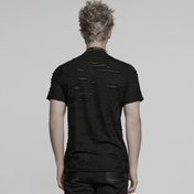 black mesh buckle punk t shirt tattered knitted fabric metal rings webbing rubberized leather segmented front gothic punk alternative fashion distressed top industrial style clothing