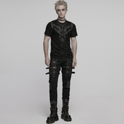 black mesh buckle punk t shirt tattered knitted fabric metal rings webbing rubberized leather segmented front gothic punk alternative fashion distressed top industrial style clothing