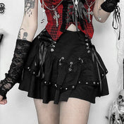 Polyester satin-ribbon apparel bottoms skirt mini-skirt short-skirt tennis-skirt a-line bodycon ruffled-hem high-waist o-ring hinged d-ring lightweight breathable comfortable zipper back-zip hidden-zip adjustable side-cinch stand-out bold sexy chic soft flowing flirty elegant fitted dark whimsical fairytale fashion alt-fashion alternative punk goth gothic goth-doll steampunk grunge emo harajuku e-girl casual spooky streetwear party rave raver-babe costume cosplay halloween female femme feminine womens black